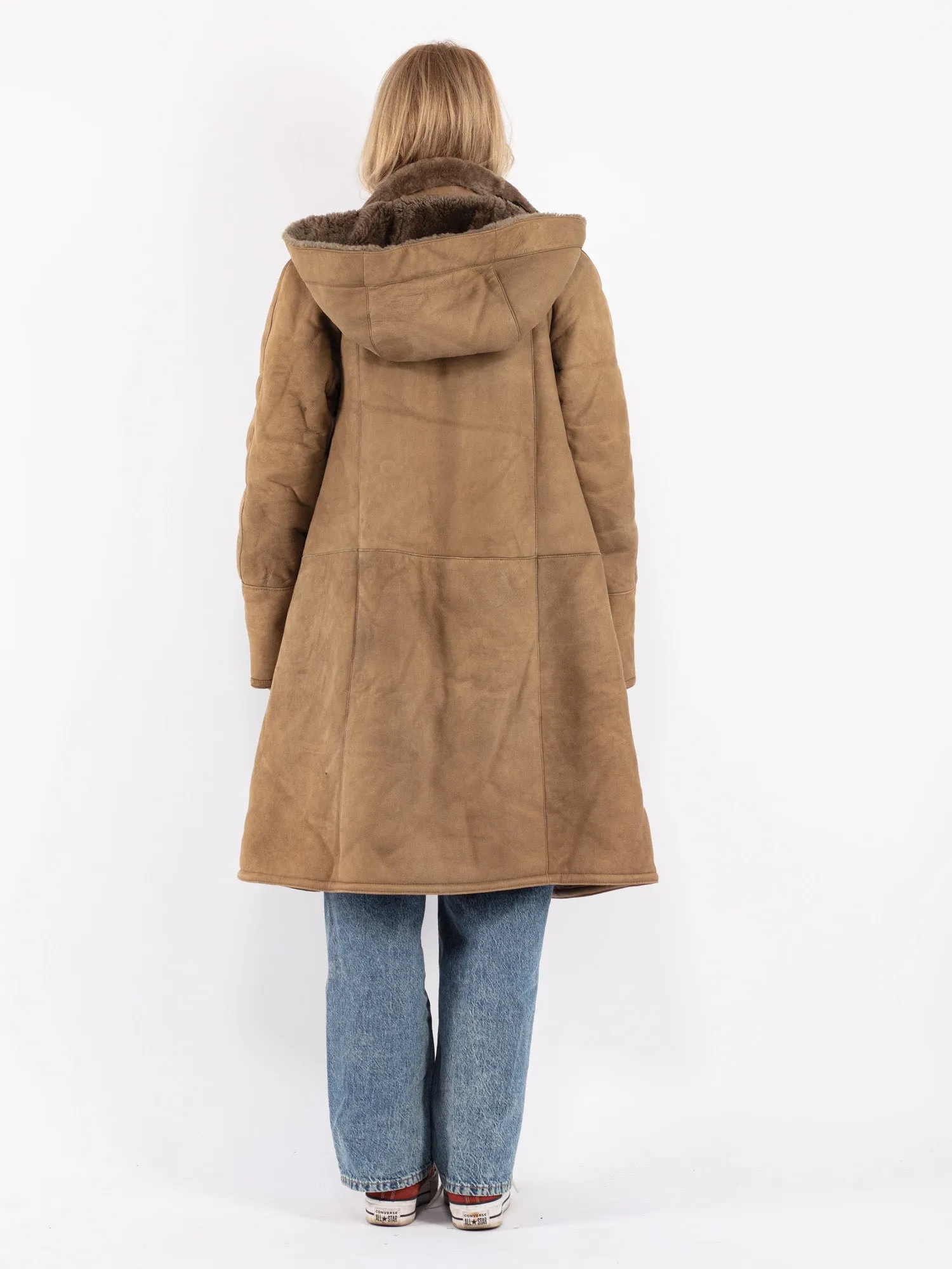 Vintage 70's Women Hooded Sheepskin Coat in Beige