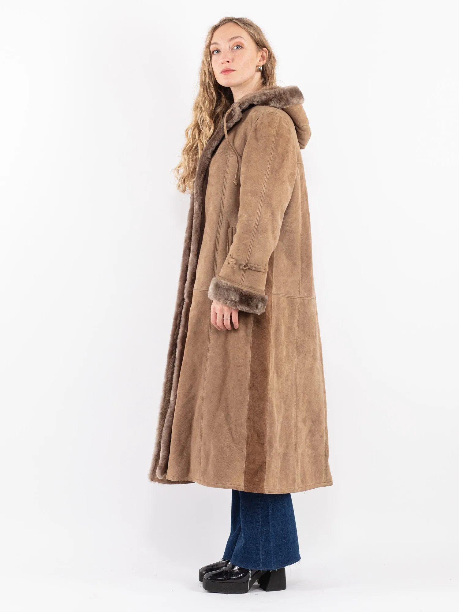 Vintage 70's Women Hooded Sheepskin Long Coat in Beige