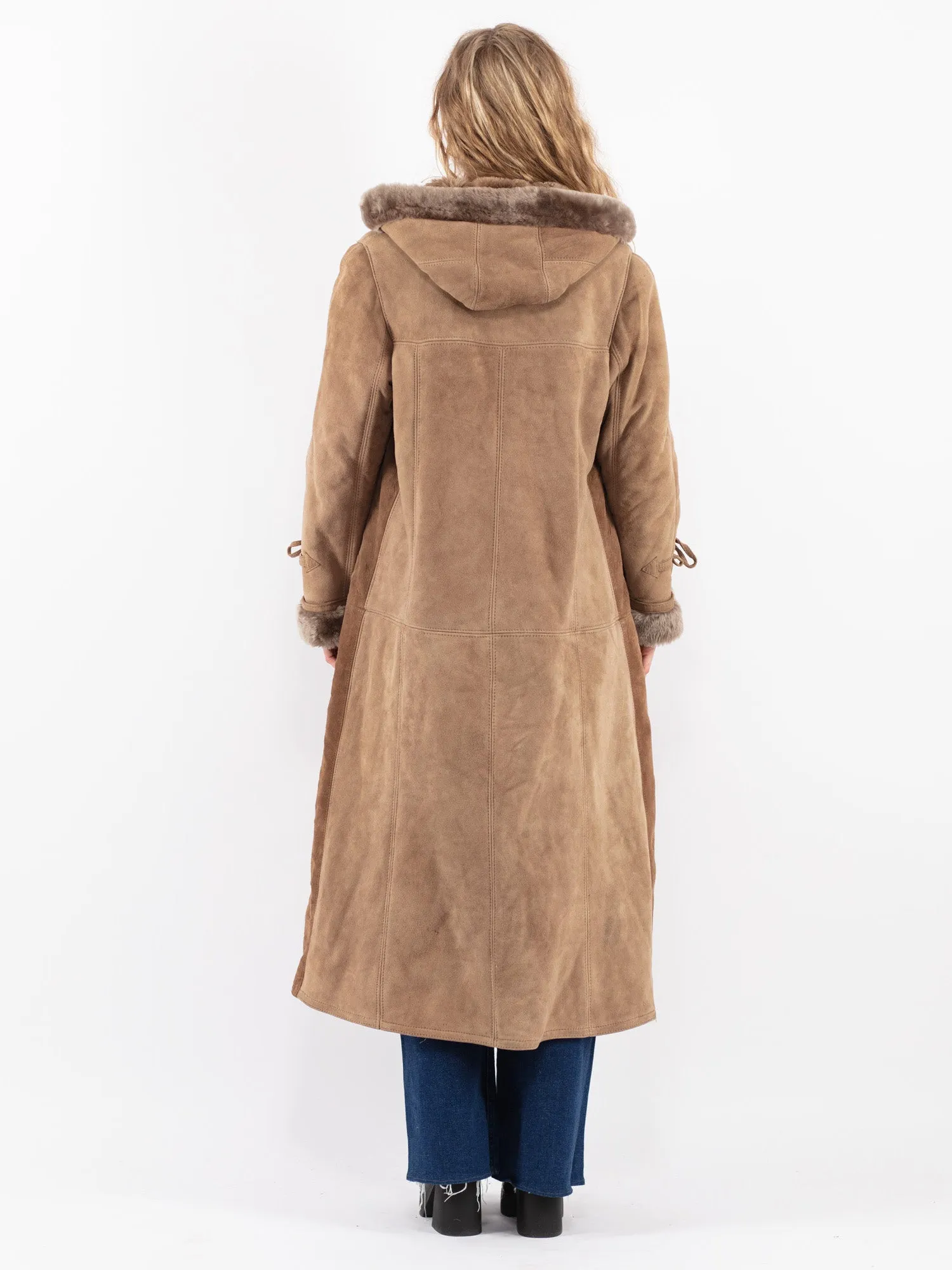 Vintage 70's Women Hooded Sheepskin Long Coat in Beige