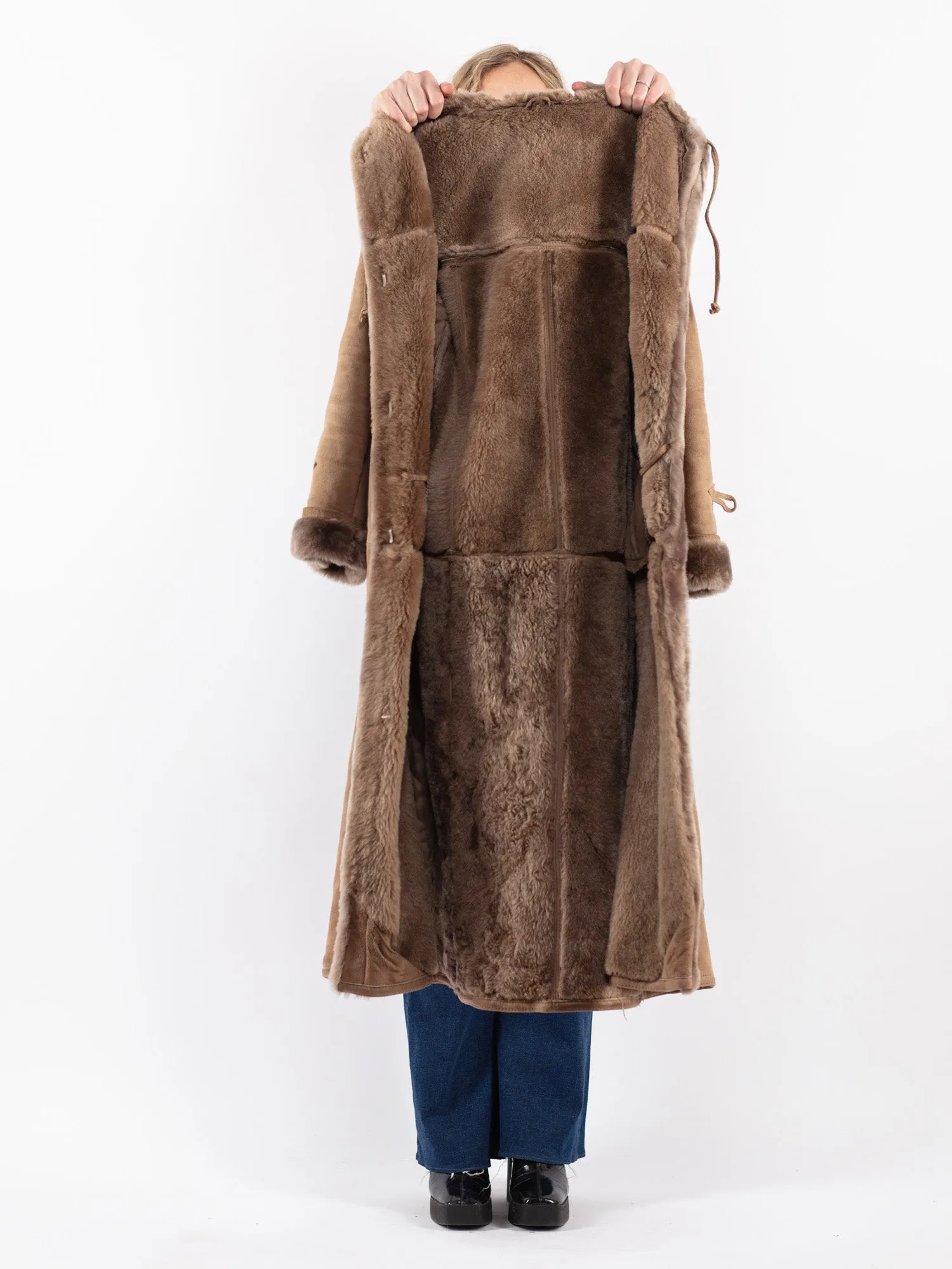 Vintage 70's Women Hooded Sheepskin Long Coat in Beige