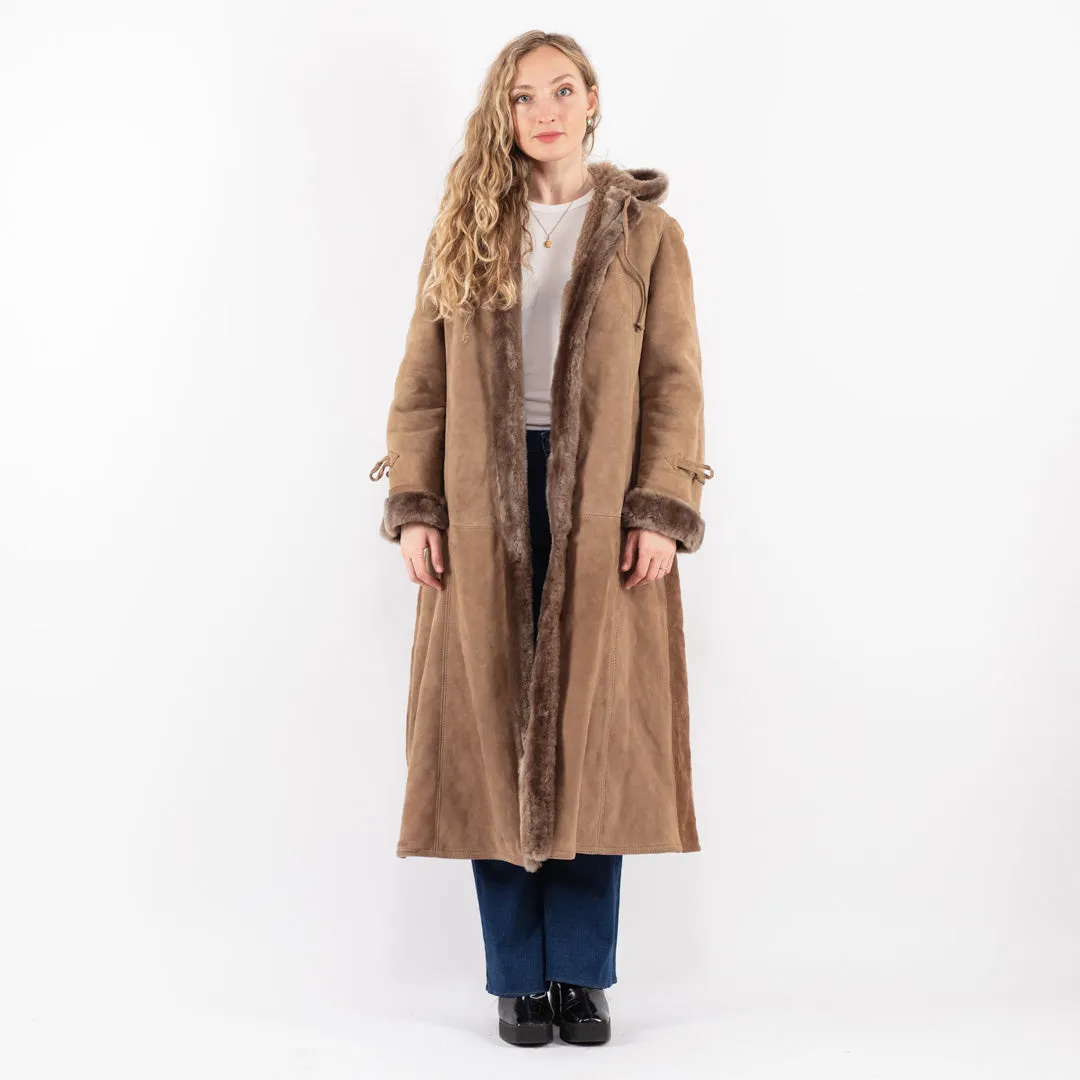 Vintage 70's Women Hooded Sheepskin Long Coat in Beige