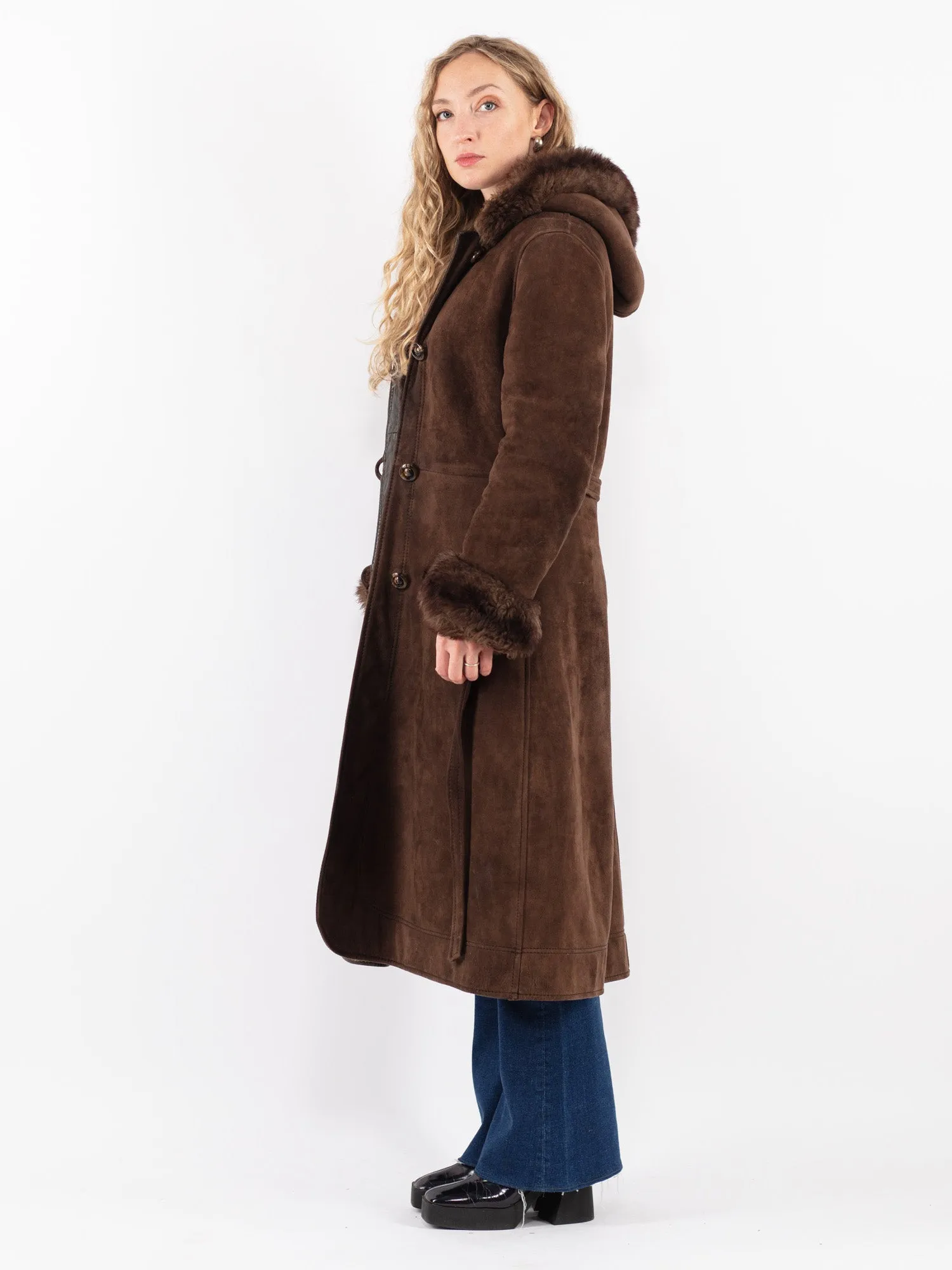 Vintage 70's Women Hooded Sheepskin Long Coat in Brown