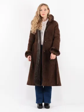 Vintage 70's Women Hooded Sheepskin Long Coat in Brown