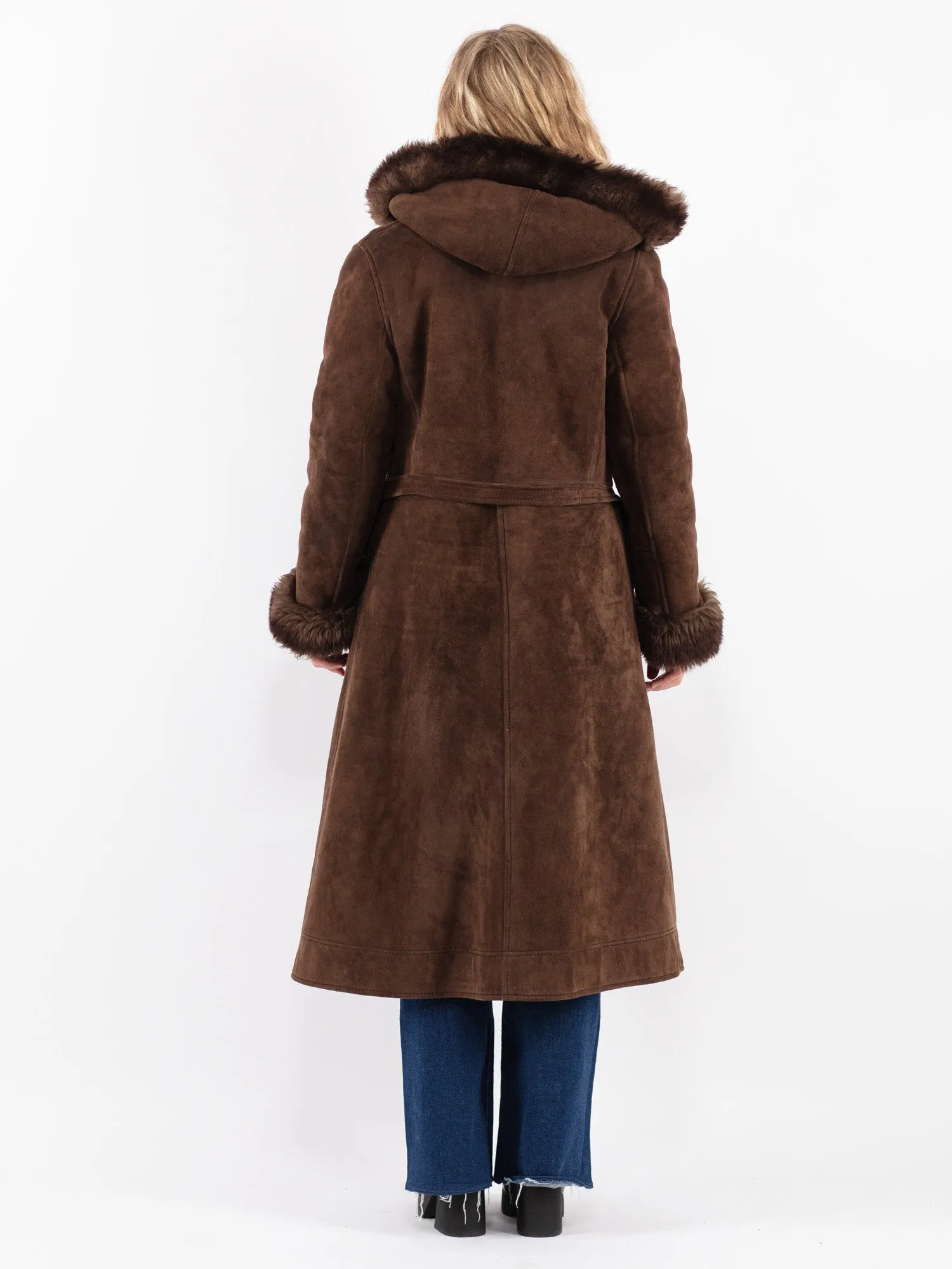 Vintage 70's Women Hooded Sheepskin Long Coat in Brown