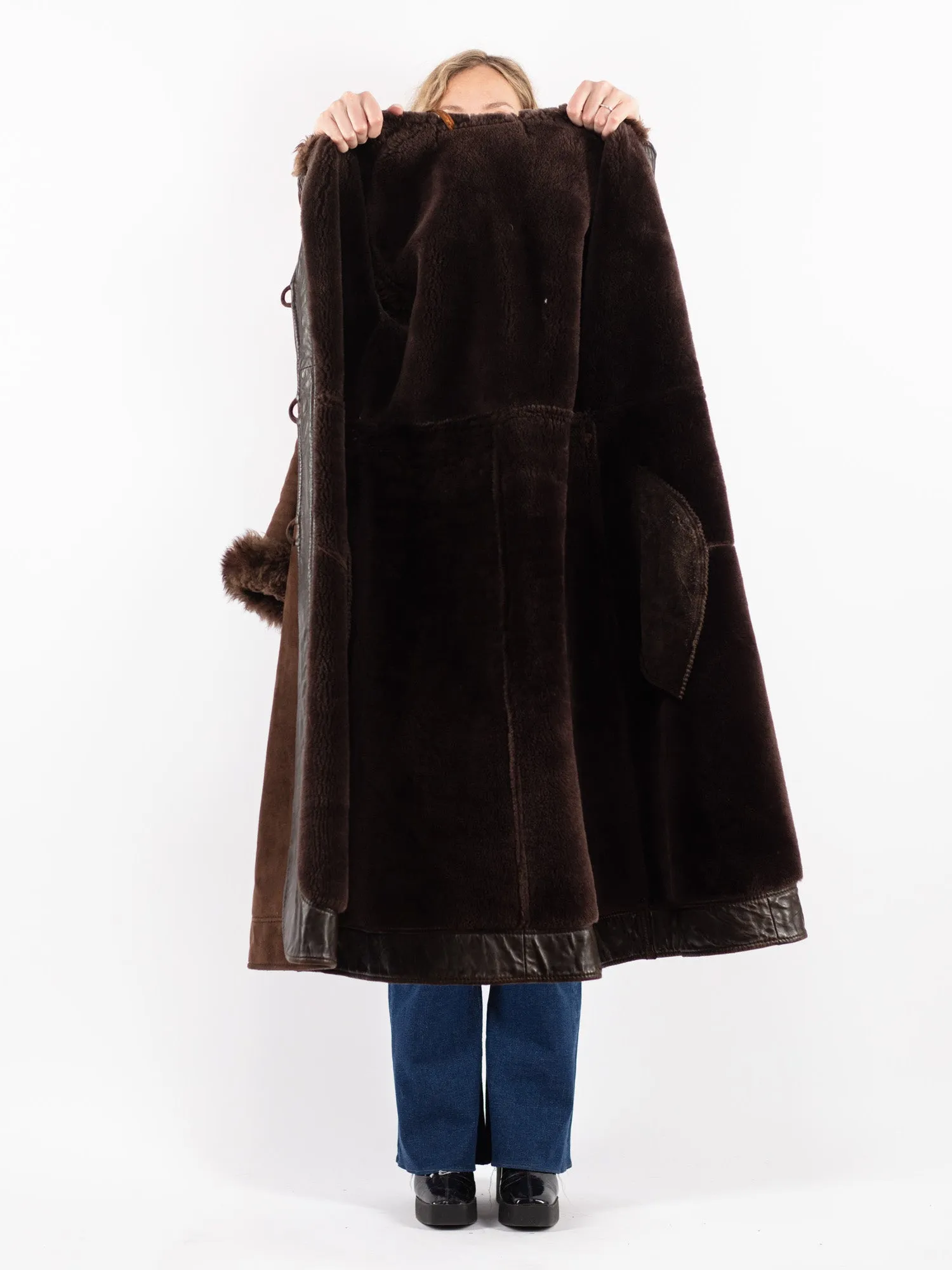 Vintage 70's Women Hooded Sheepskin Long Coat in Brown