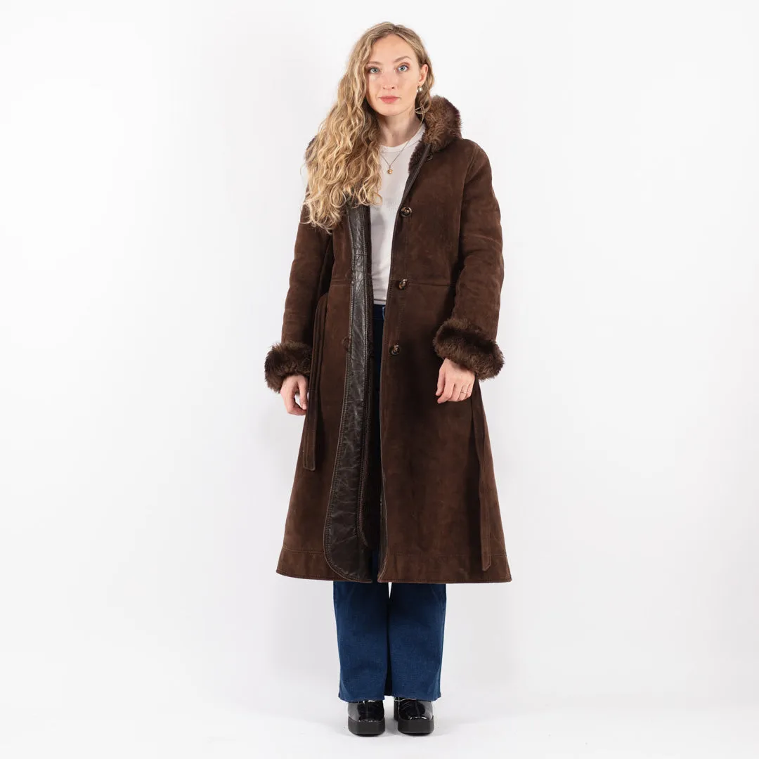 Vintage 70's Women Hooded Sheepskin Long Coat in Brown