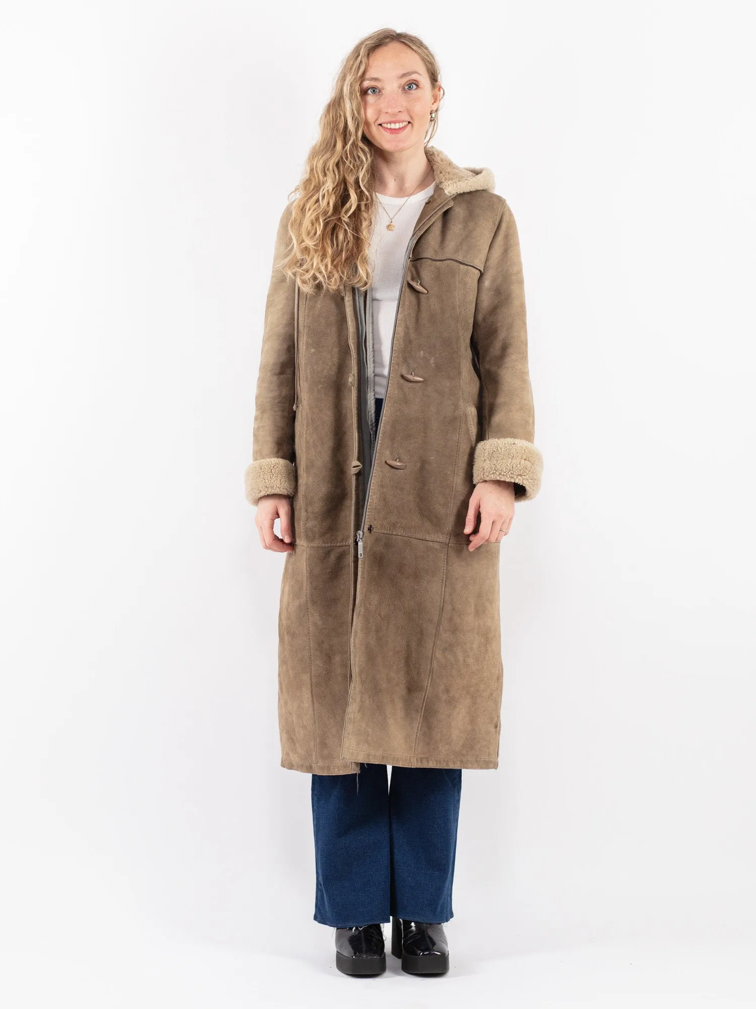 Vintage 70's Women Sheepskin Long Coat in Beige