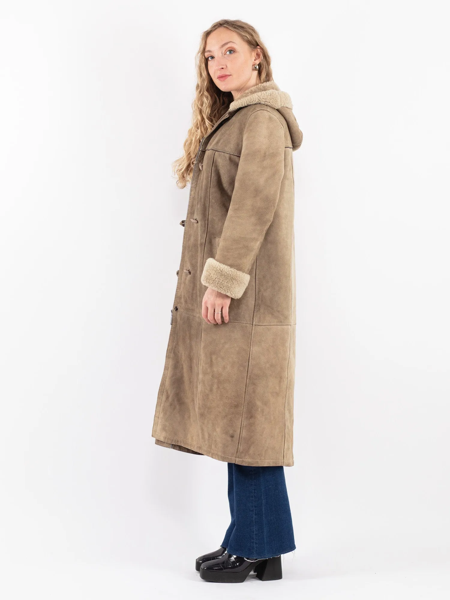 Vintage 70's Women Sheepskin Long Coat in Beige