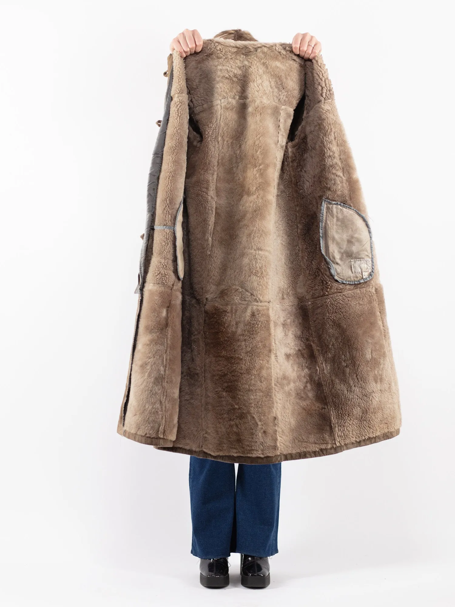 Vintage 70's Women Sheepskin Long Coat in Beige