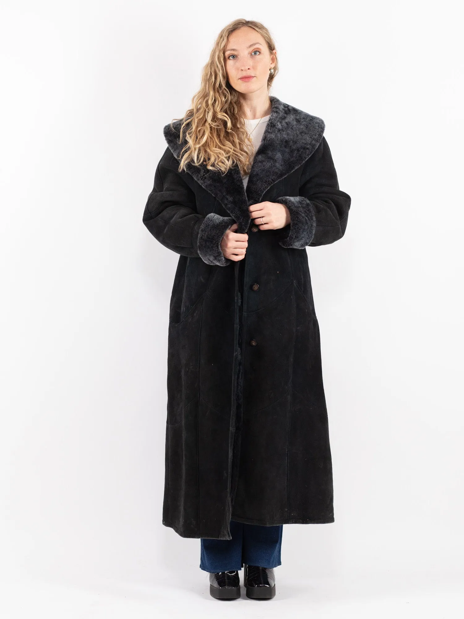 Vintage 70's Women Sheepskin Long Coat in Black