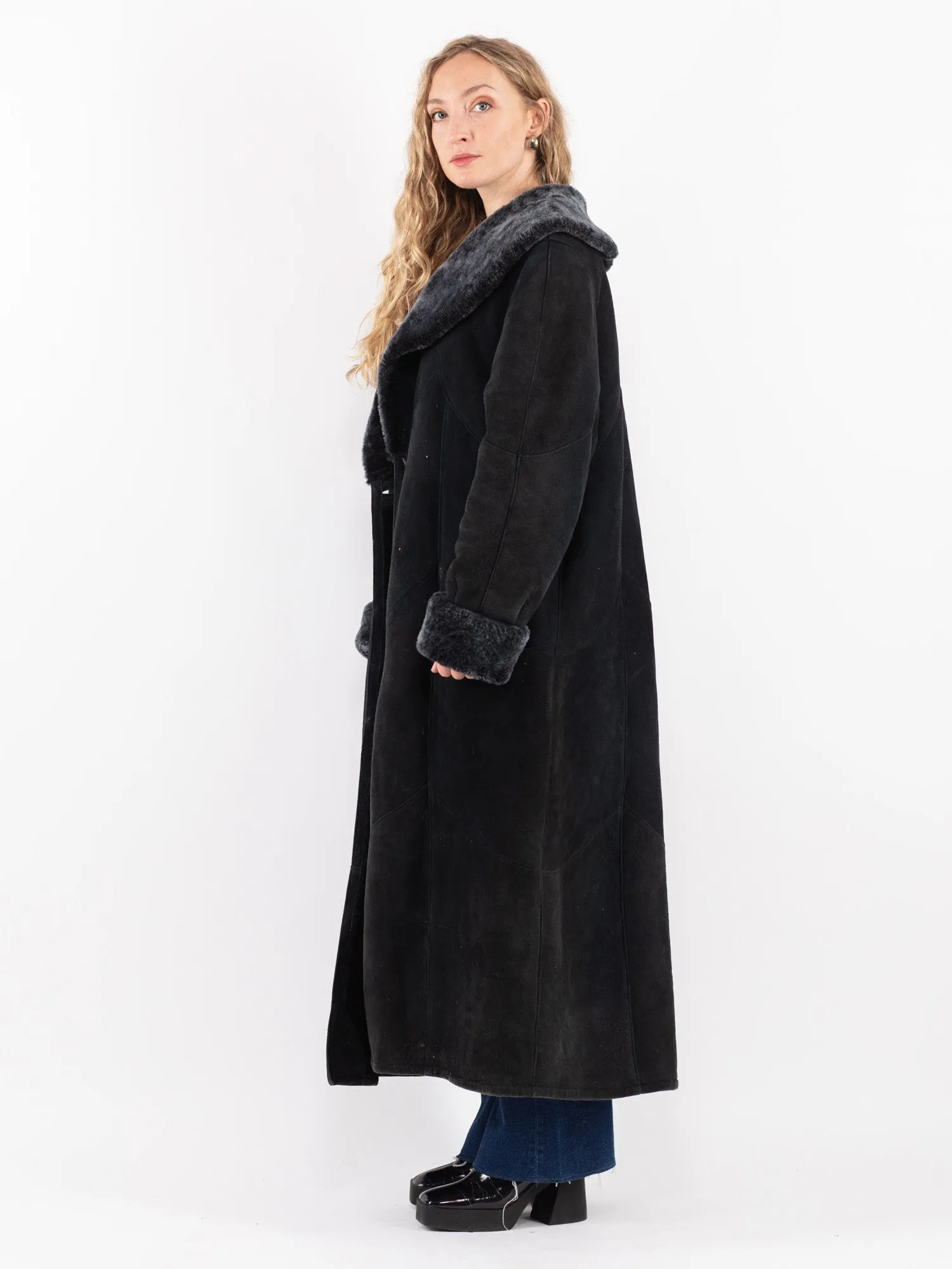 Vintage 70's Women Sheepskin Long Coat in Black