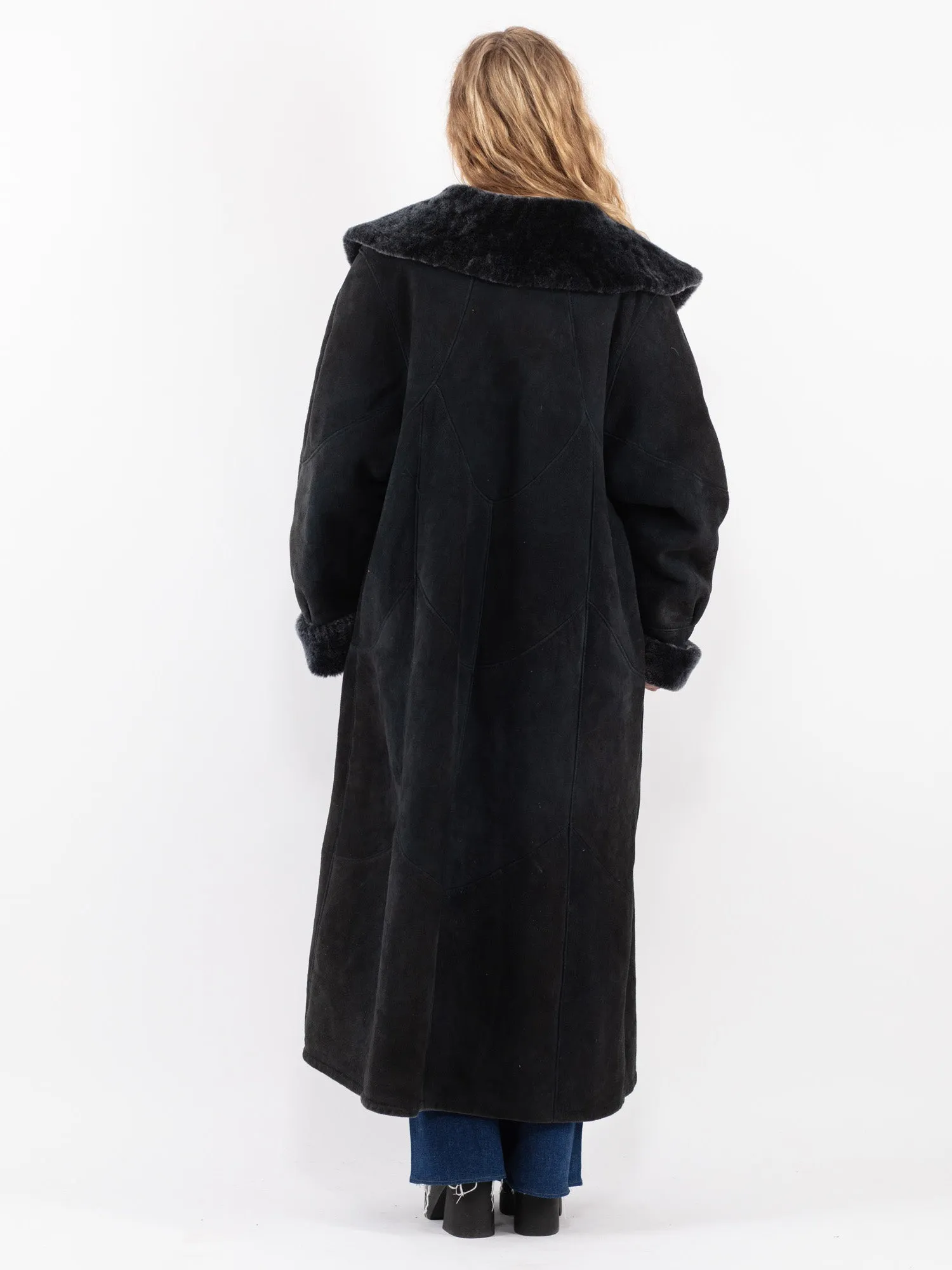 Vintage 70's Women Sheepskin Long Coat in Black