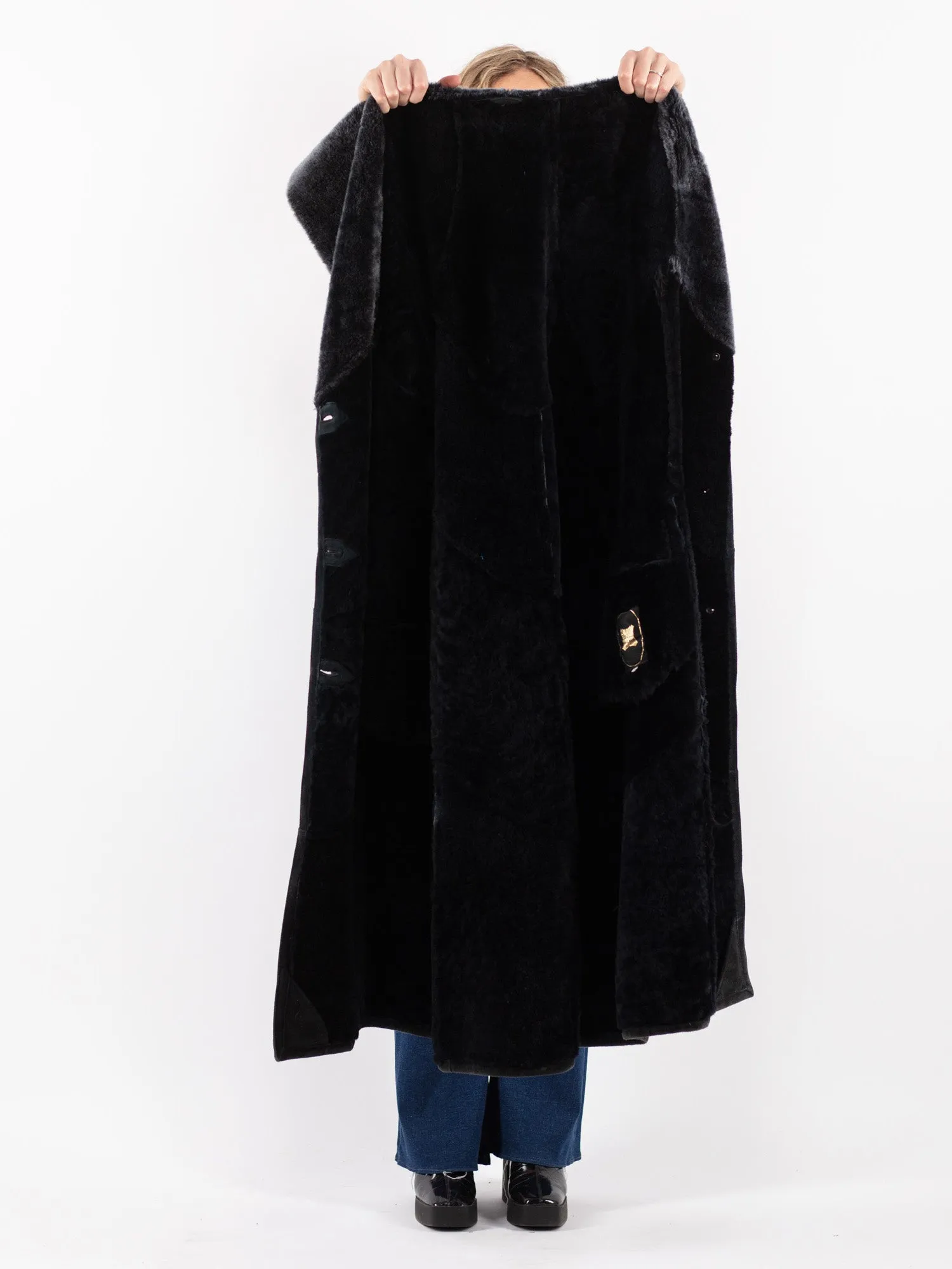 Vintage 70's Women Sheepskin Long Coat in Black