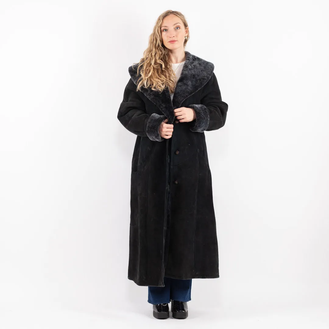 Vintage 70's Women Sheepskin Long Coat in Black