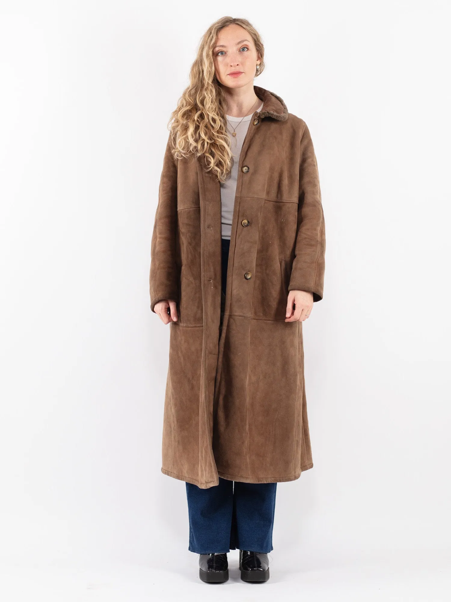 Vintage 70's Women Sheepskin Long Coat in Brown