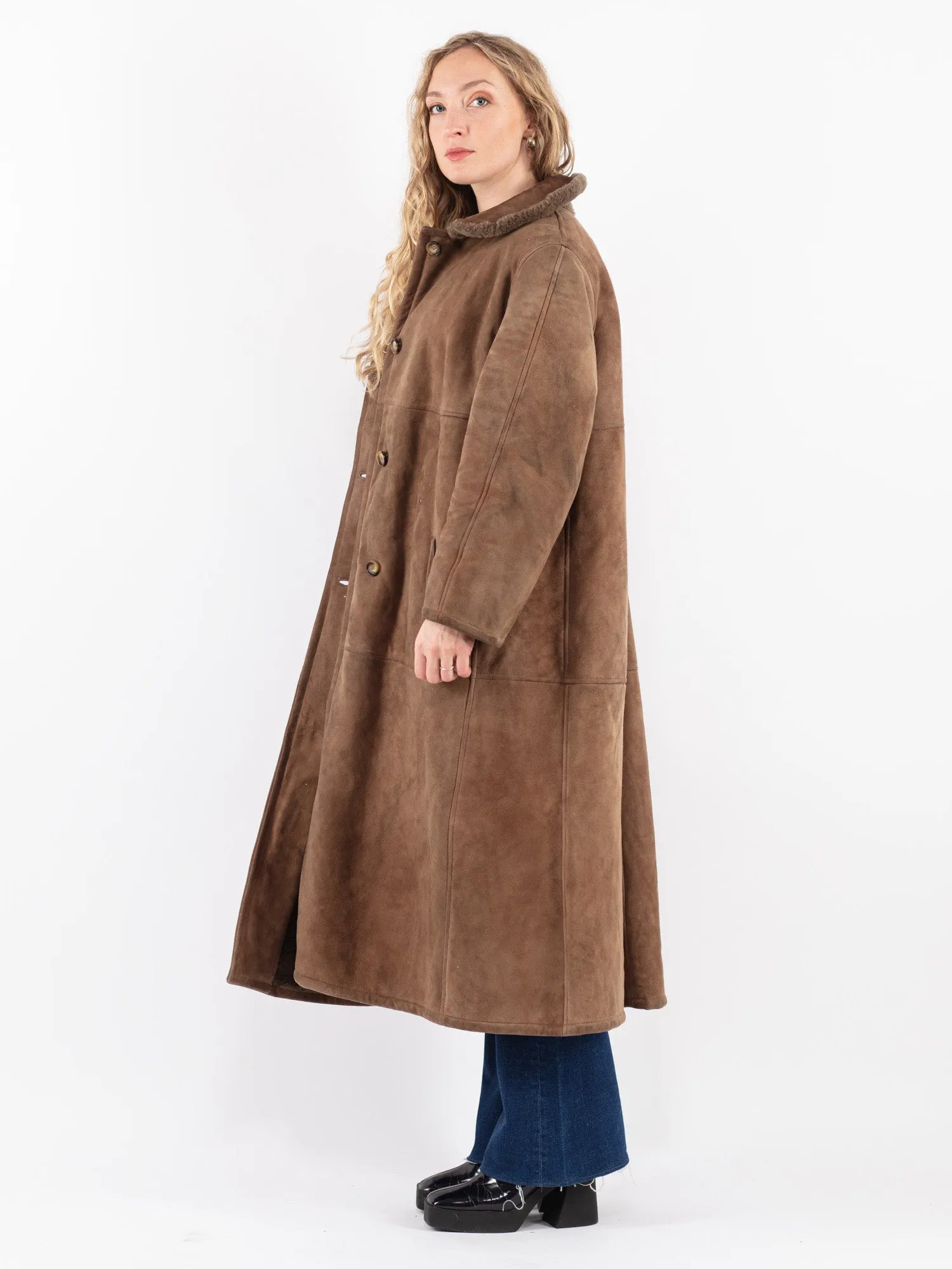 Vintage 70's Women Sheepskin Long Coat in Brown