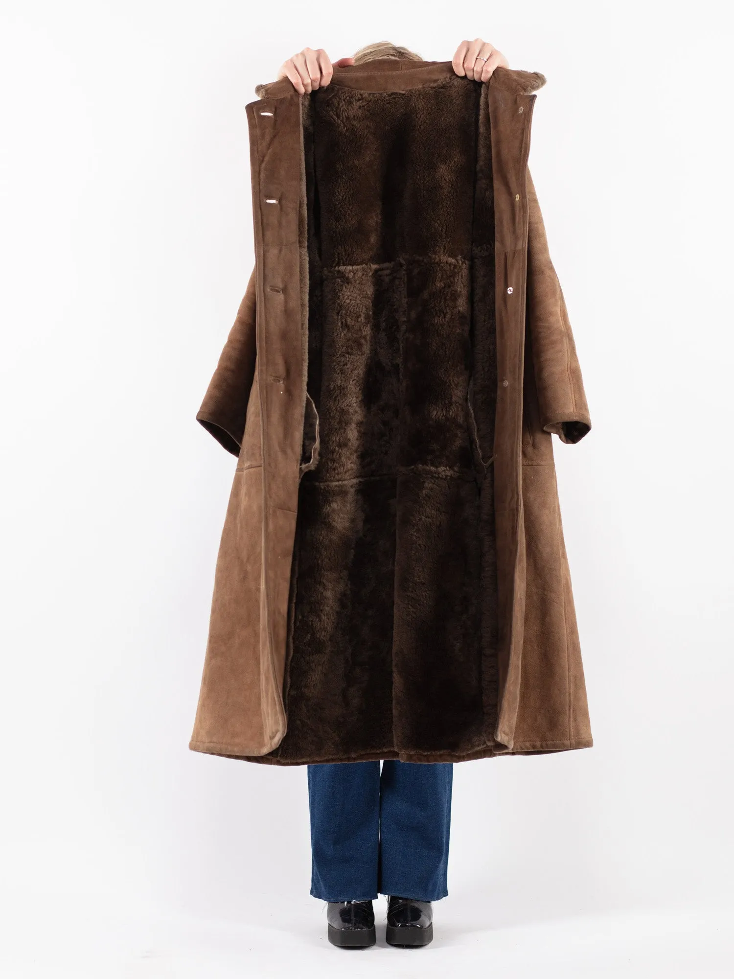 Vintage 70's Women Sheepskin Long Coat in Brown