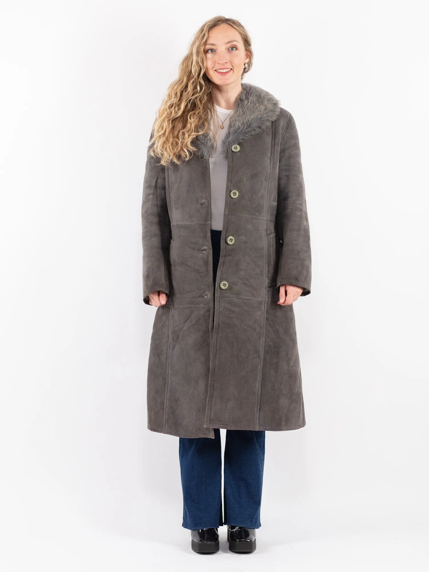 Vintage 70's Women Sheepskin Long Coat in Gray