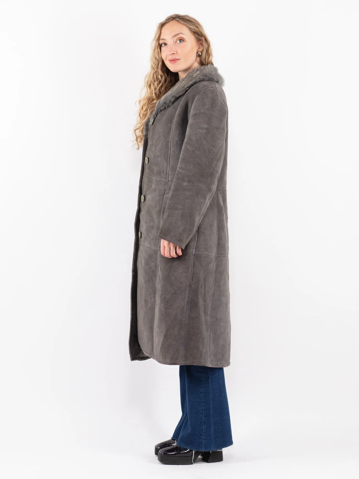 Vintage 70's Women Sheepskin Long Coat in Gray