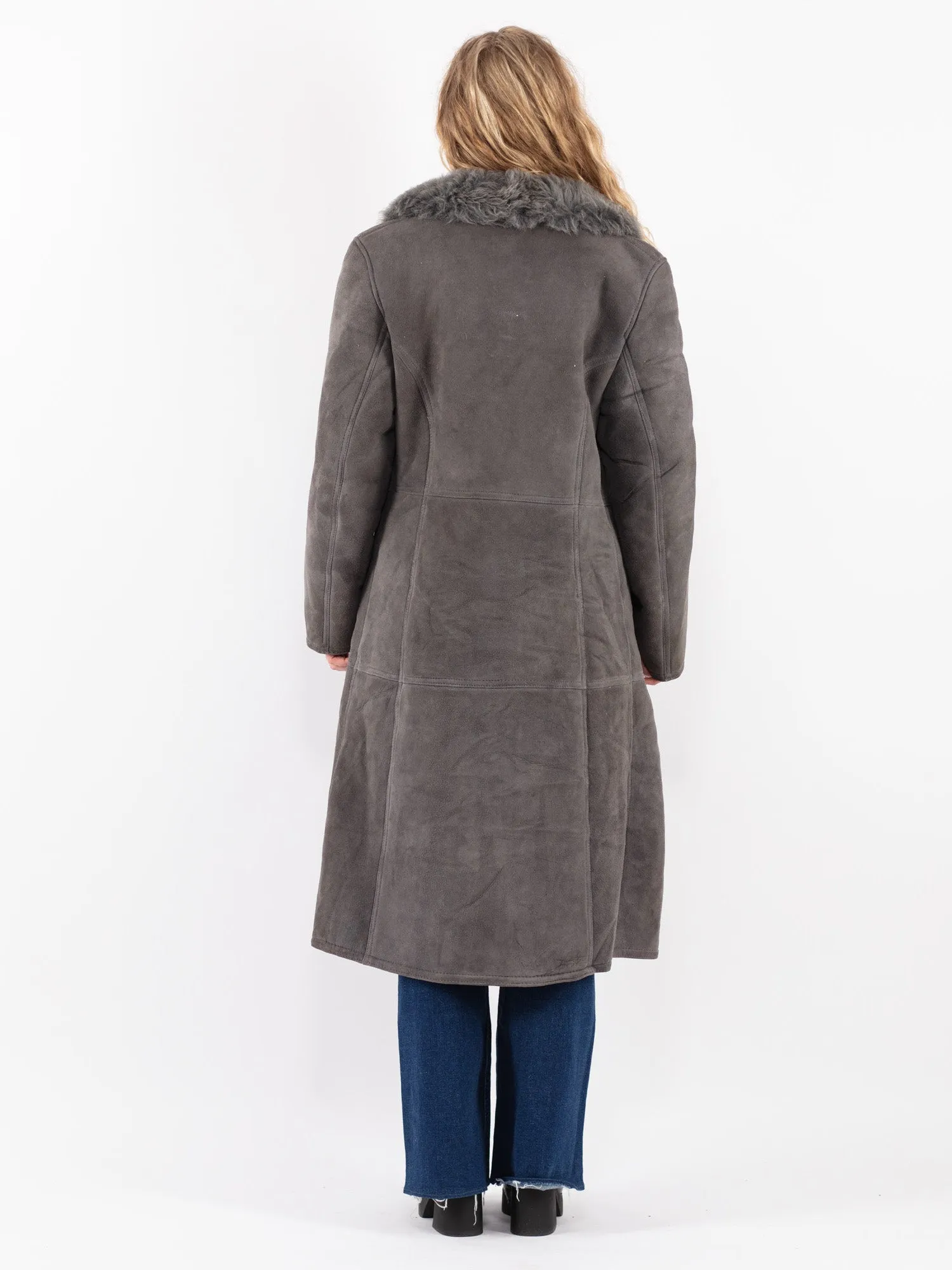 Vintage 70's Women Sheepskin Long Coat in Gray