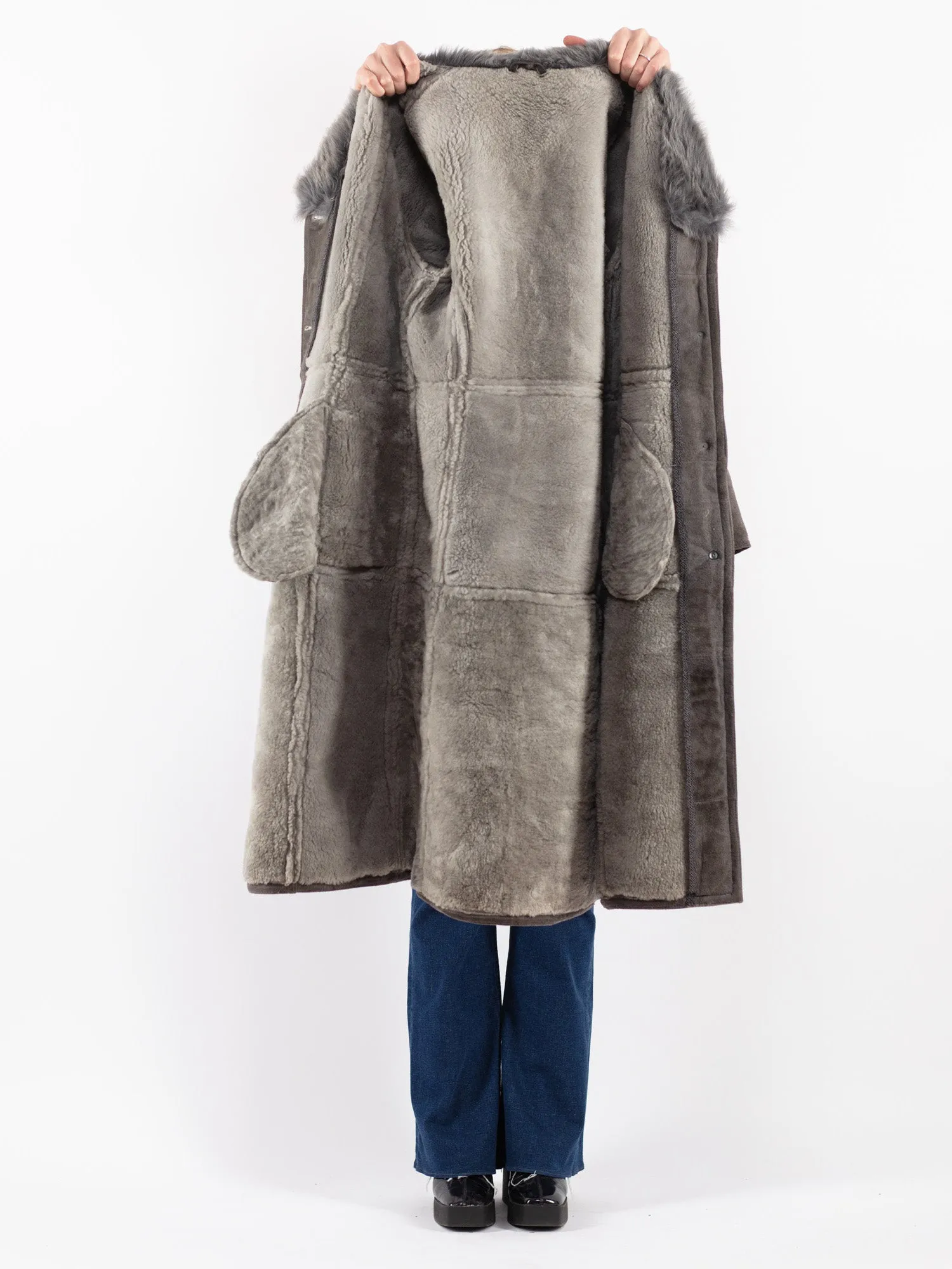 Vintage 70's Women Sheepskin Long Coat in Gray