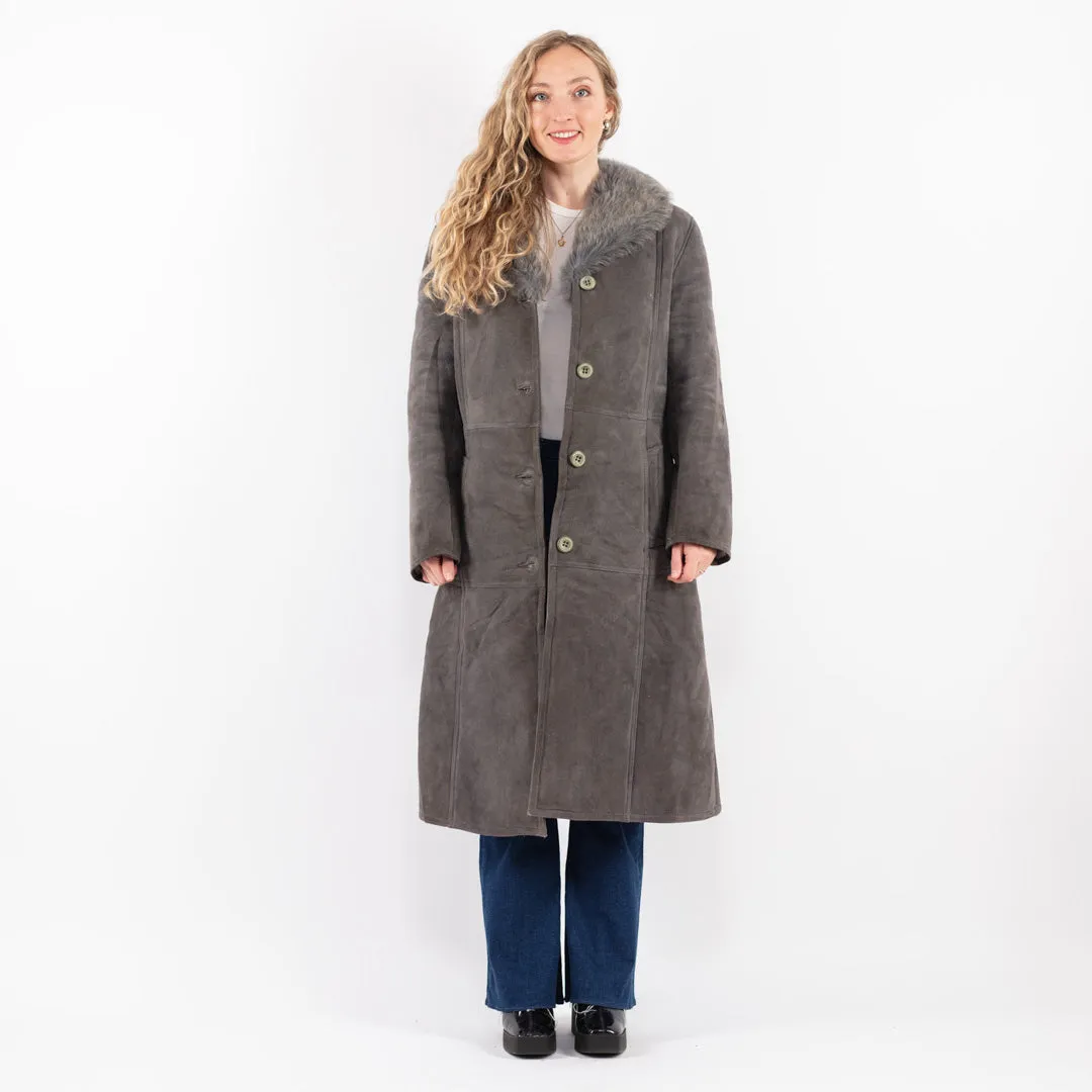 Vintage 70's Women Sheepskin Long Coat in Gray