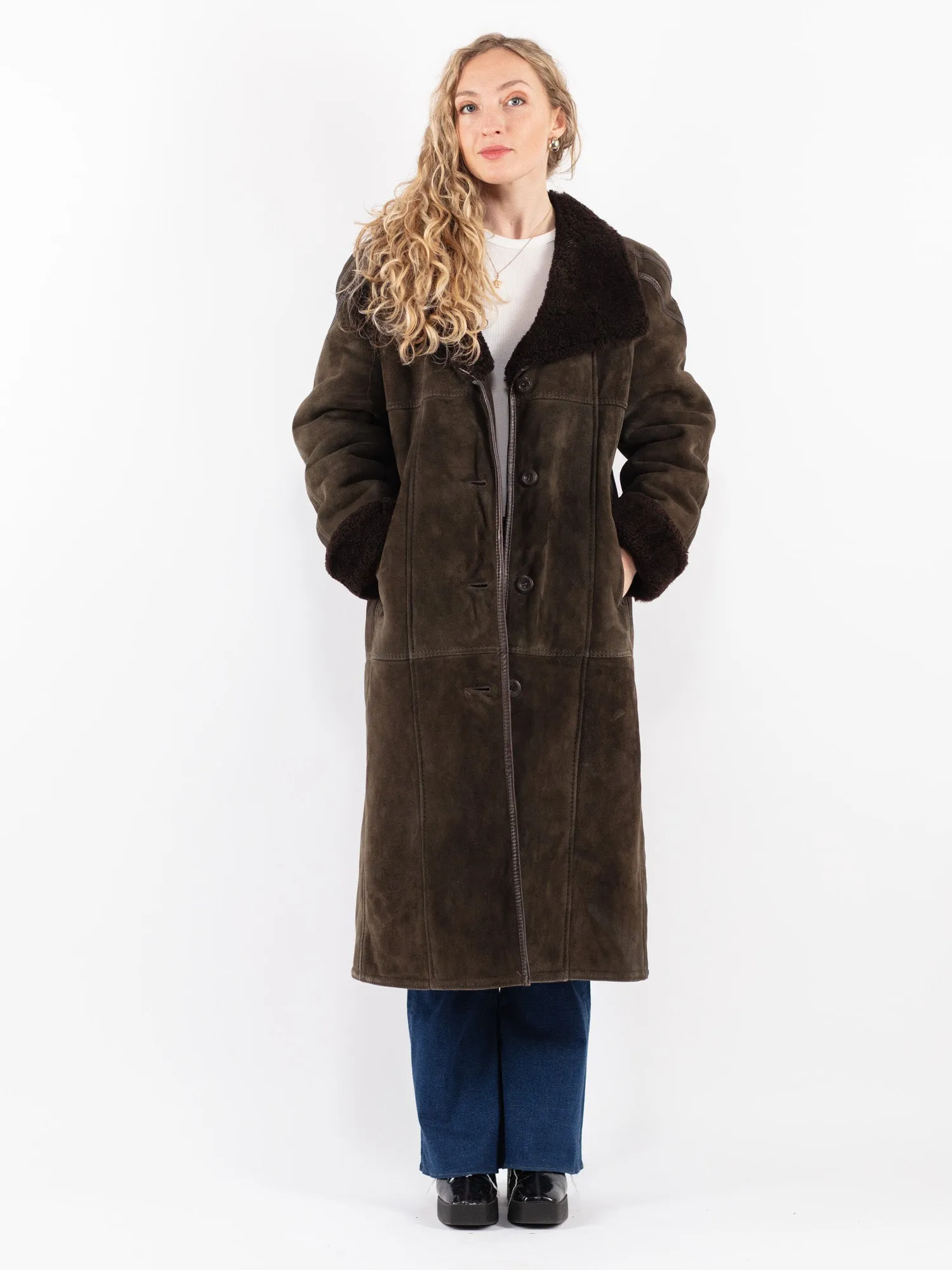 Vintage 70's Women Sheepskin Long Coat in Green