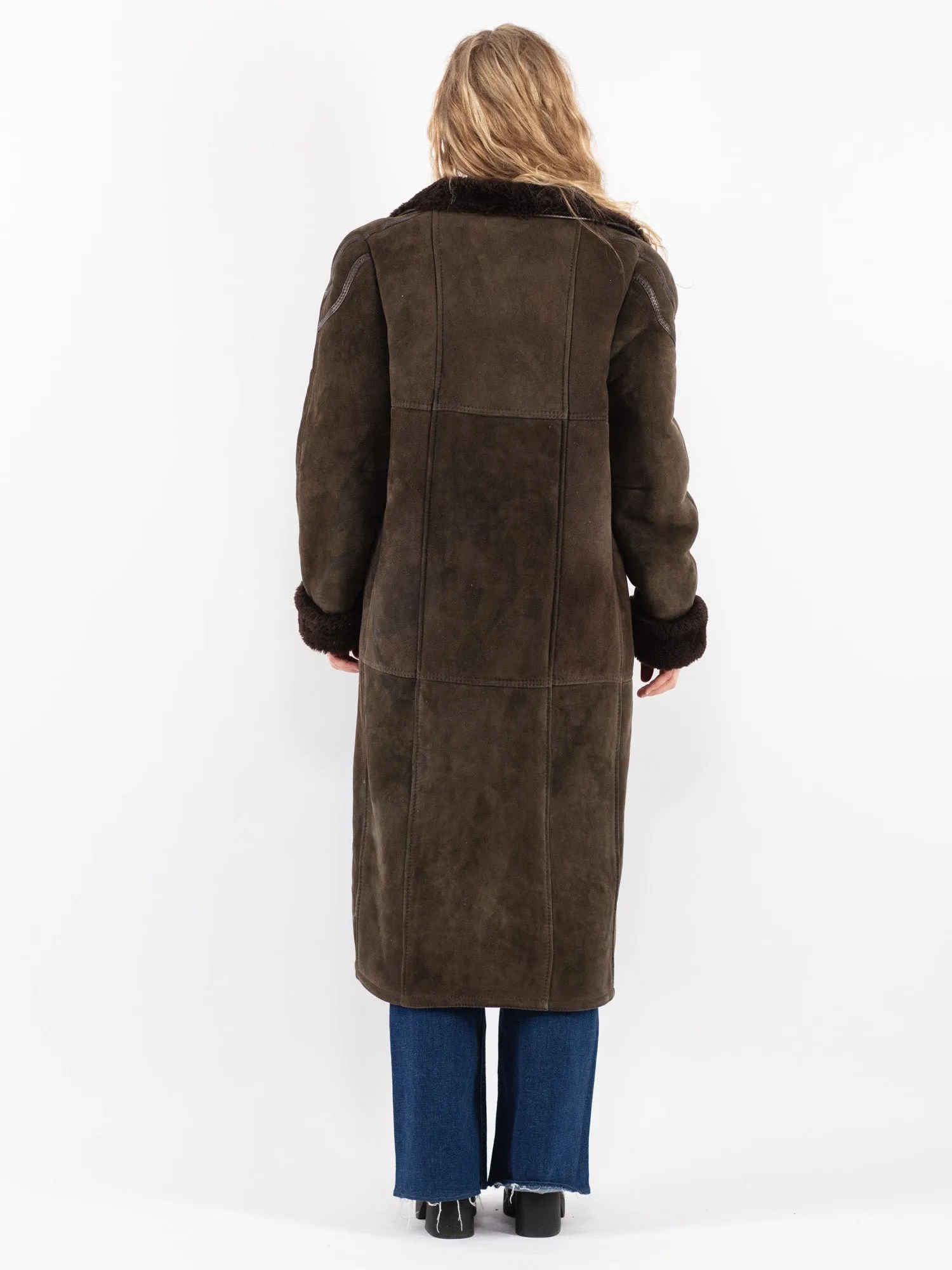 Vintage 70's Women Sheepskin Long Coat in Green