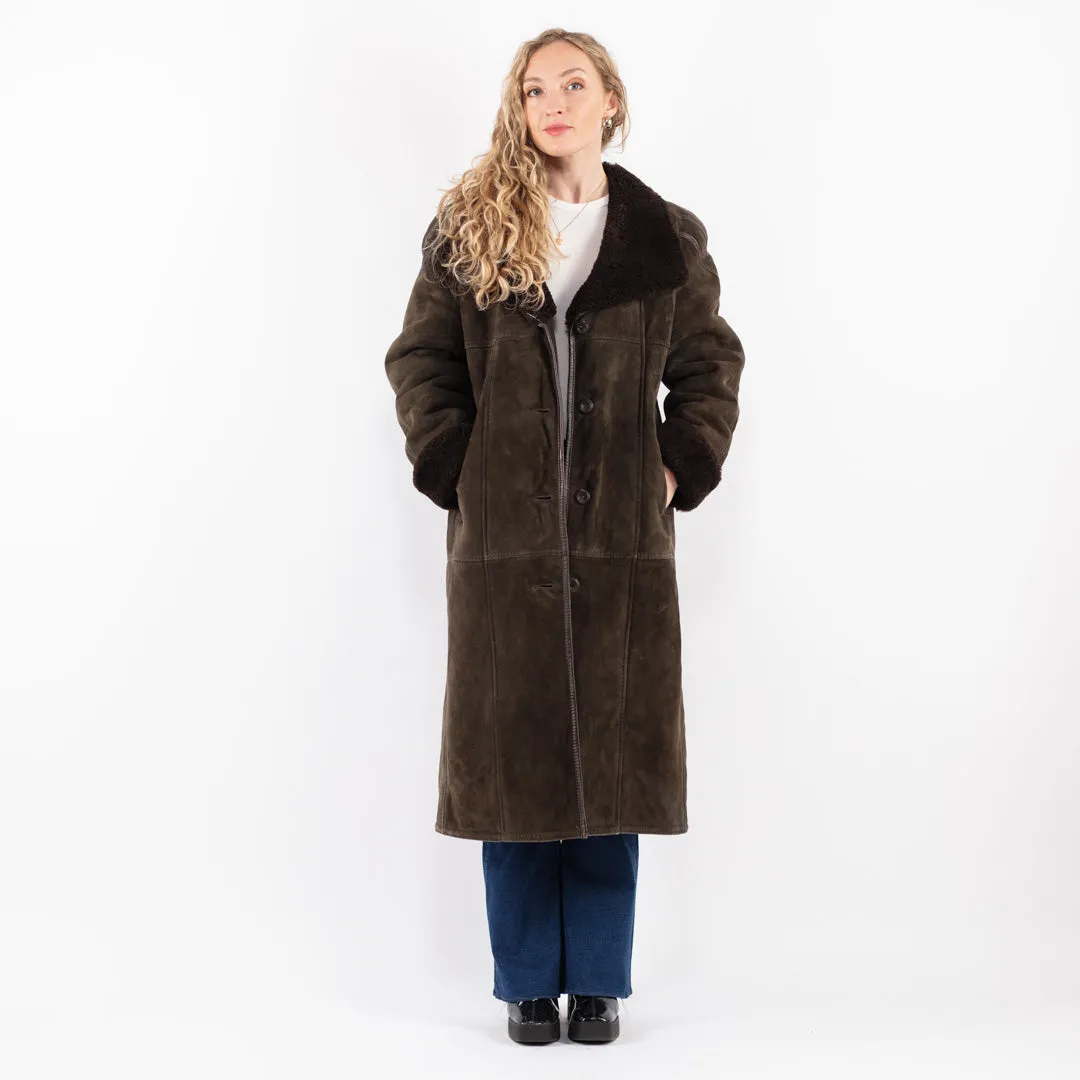 Vintage 70's Women Sheepskin Long Coat in Green