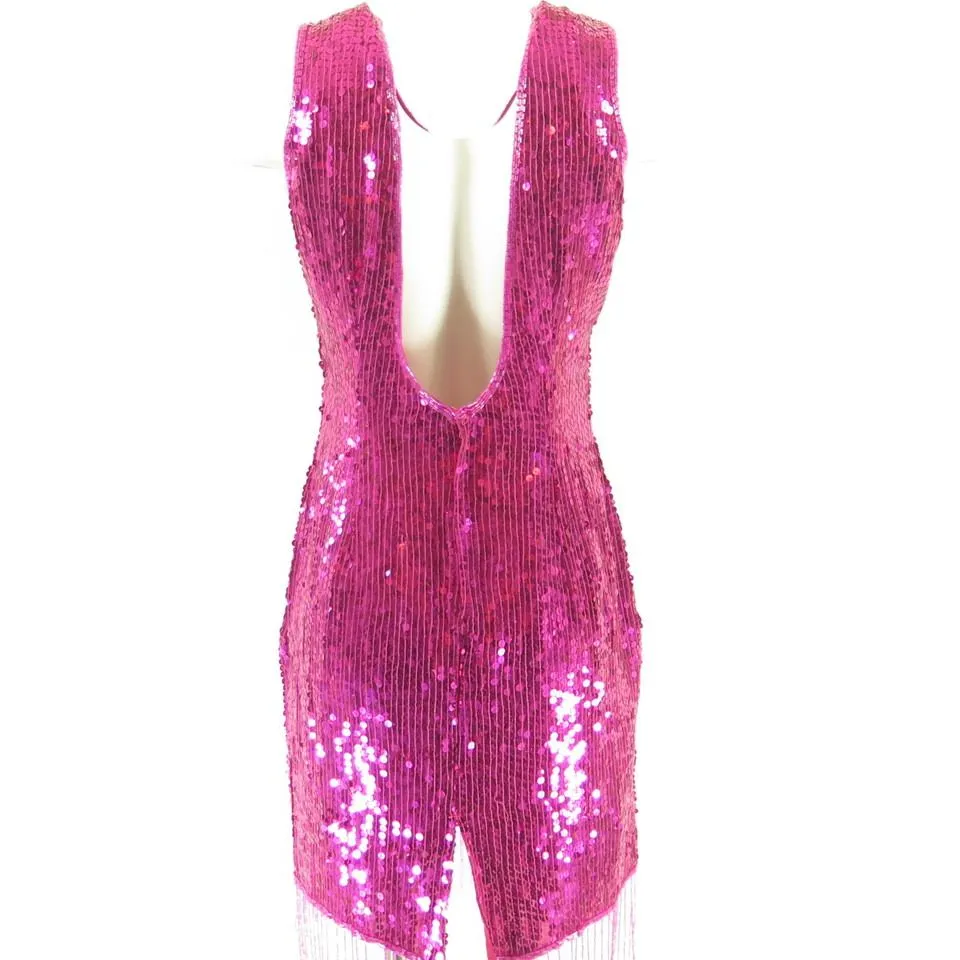 Vintage 80s Retro Beaded Sequin Dress Womens Large Fuchsia Deadstock Silk Rayon