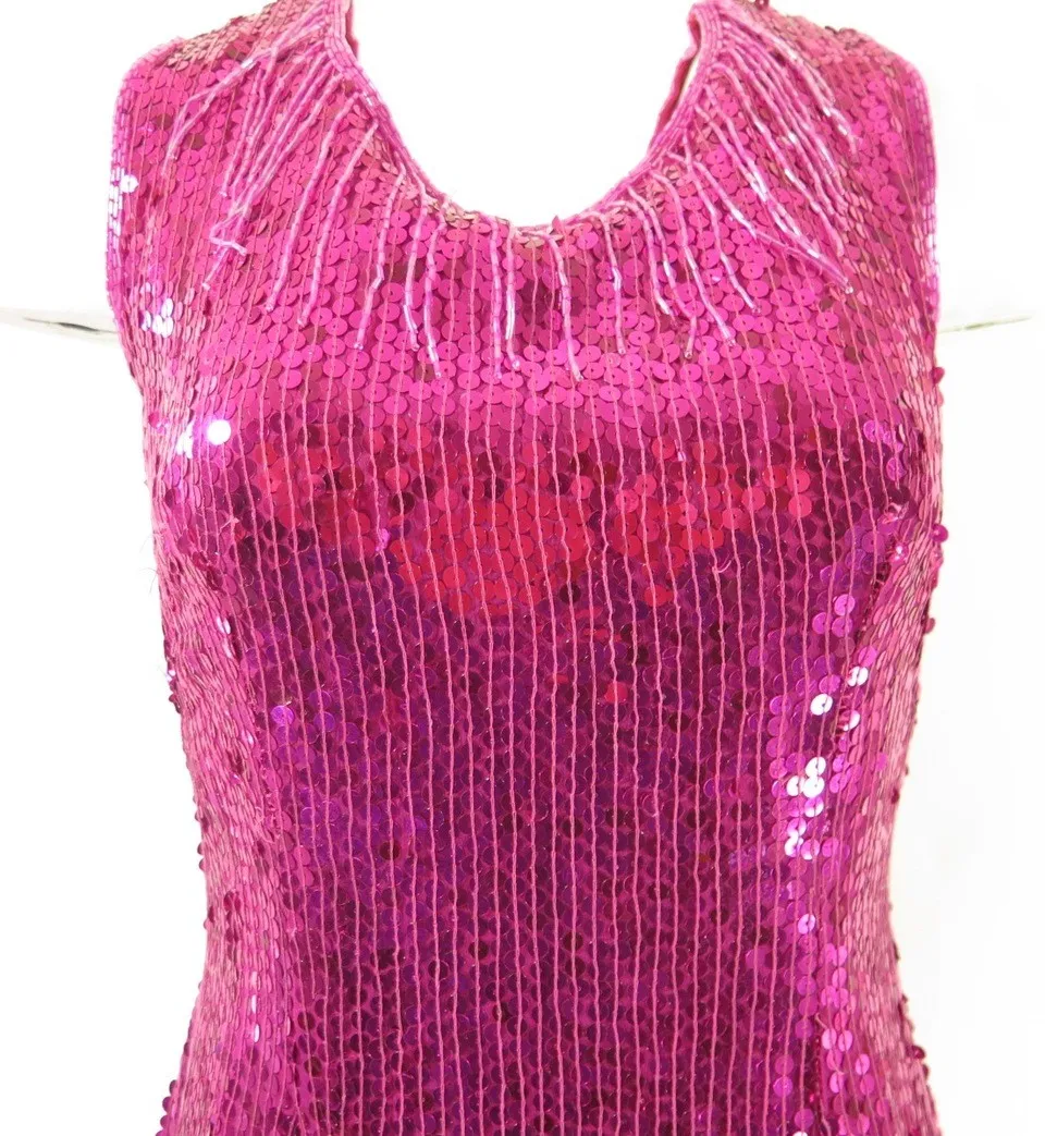 Vintage 80s Retro Beaded Sequin Dress Womens Large Fuchsia Deadstock Silk Rayon