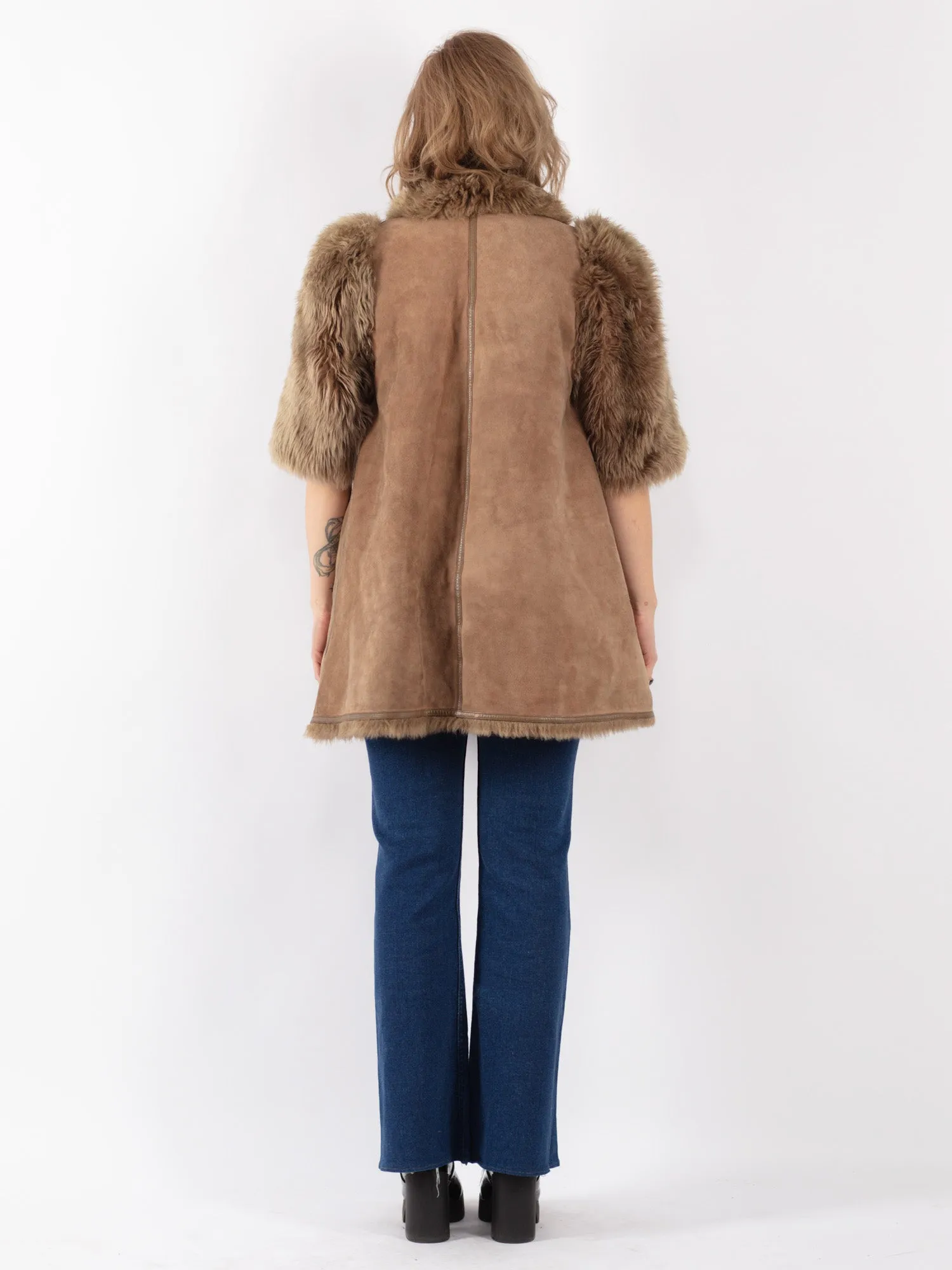 Vintage 80's Women Half Sleeve Shearling Coat in Beige