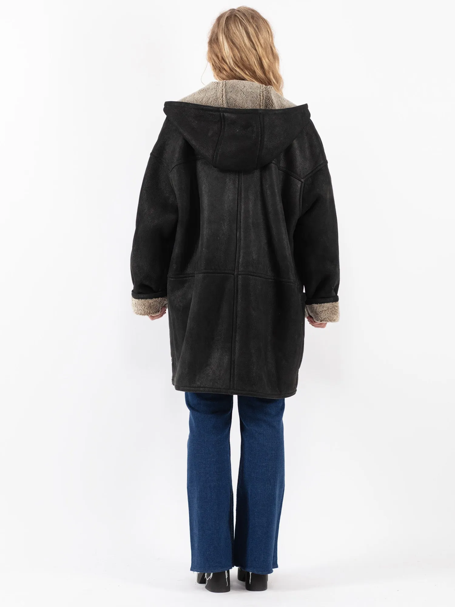 Vintage 80's Women Hooded Sheepskin Coat in Black