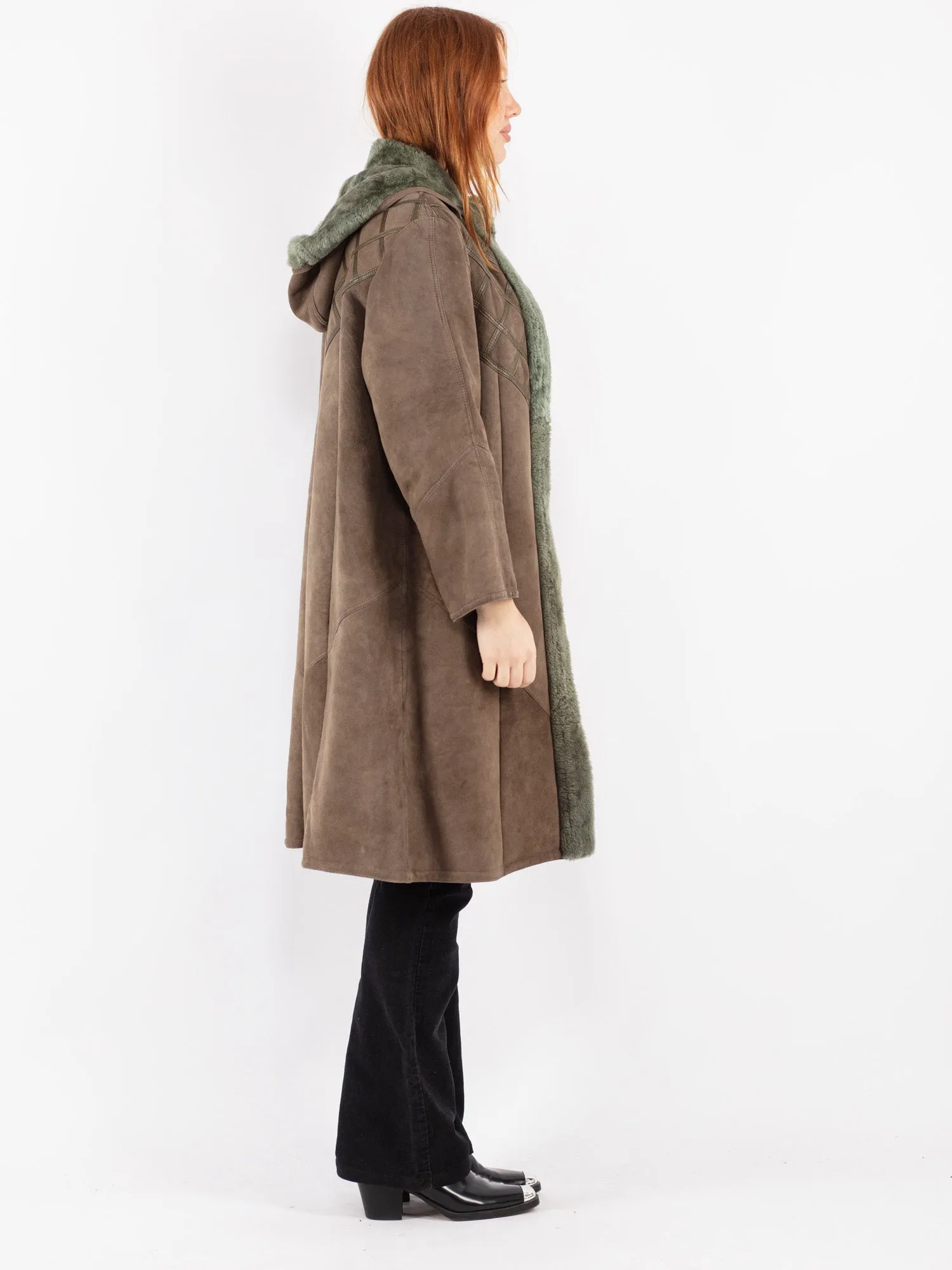 Vintage 80's Women Hooded Sheepskin Coat in Brown