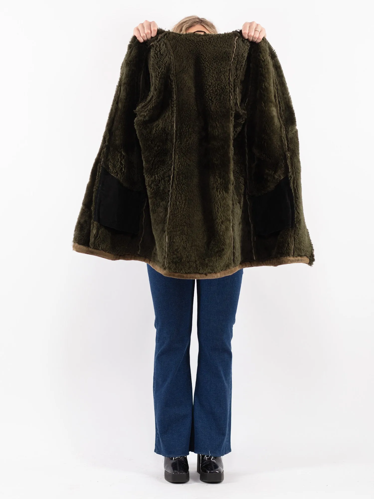 Vintage 80's Women Hooded Sheepskin Coat in Green