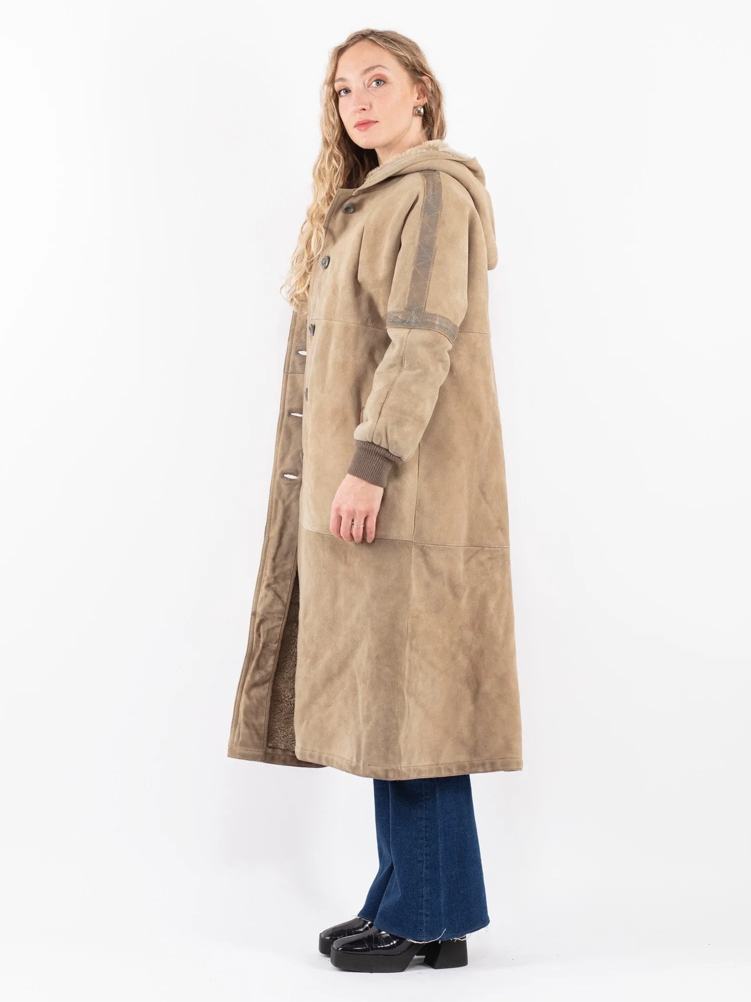 Vintage 80's Women Sheepskin Long Coat in Beige