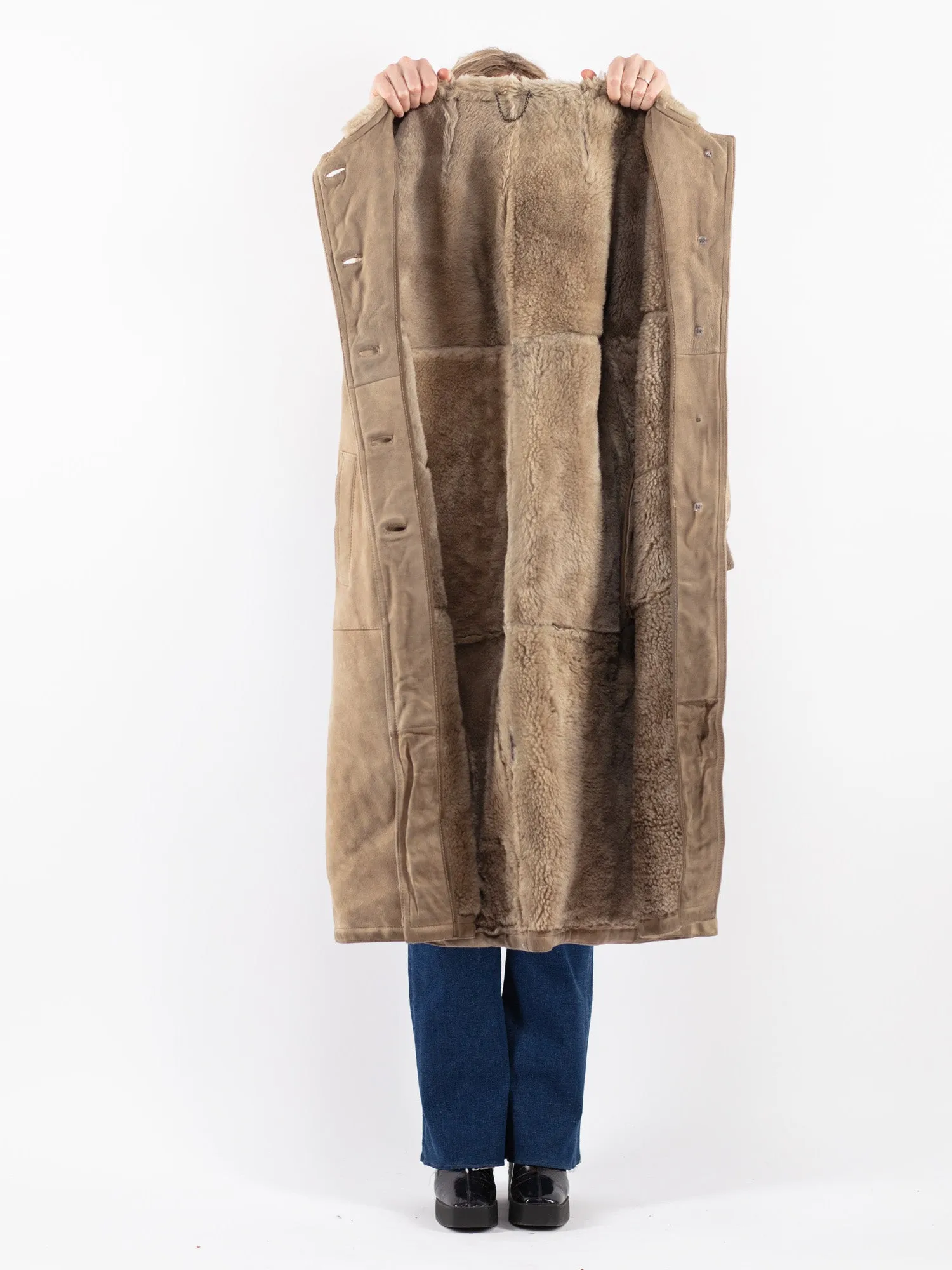 Vintage 80's Women Sheepskin Long Coat in Beige