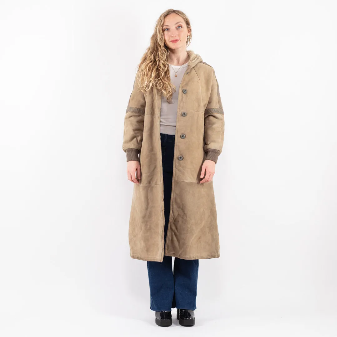 Vintage 80's Women Sheepskin Long Coat in Beige