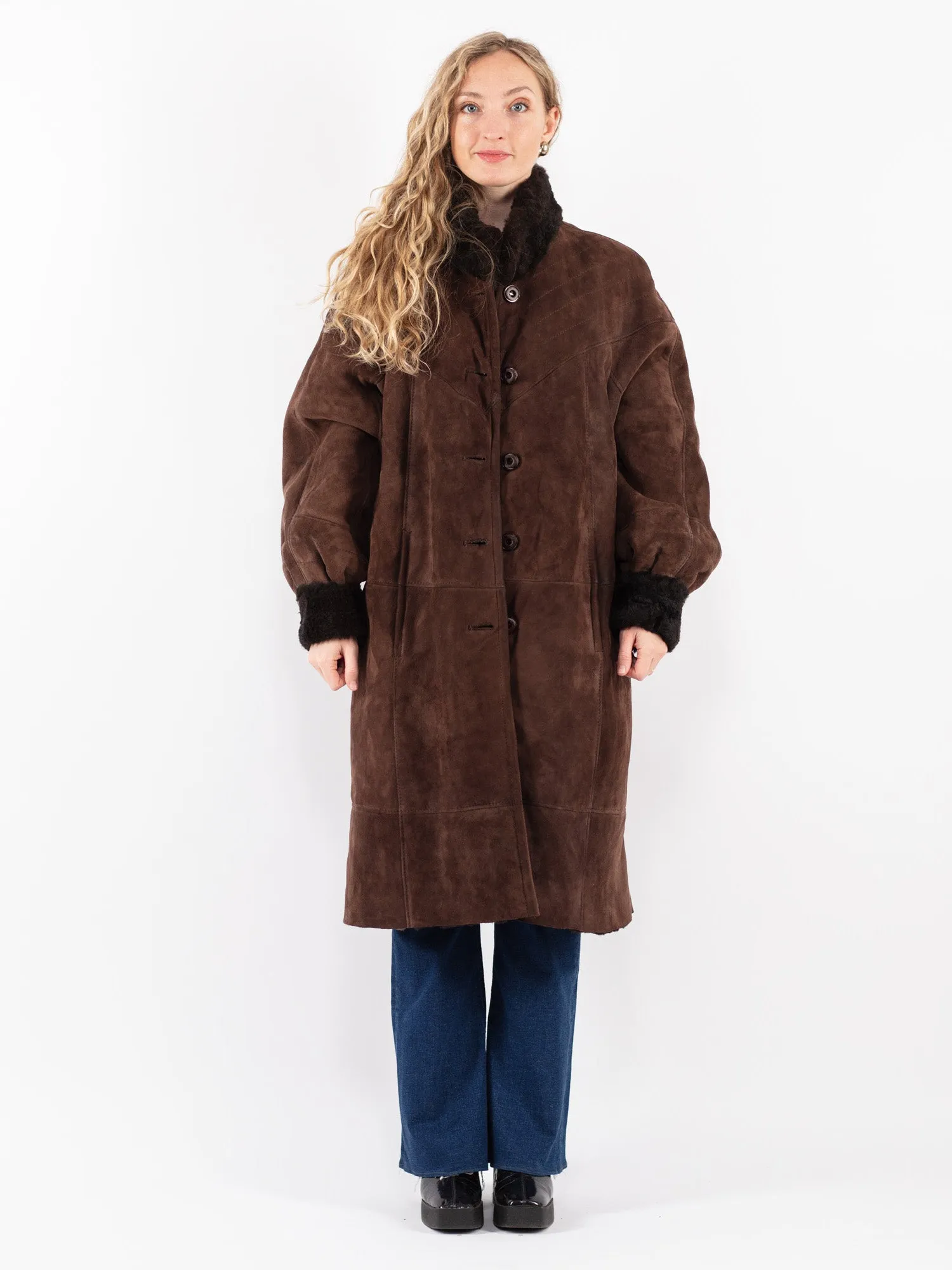 Vintage 80's Women Sheepskin Long Coat in Brown