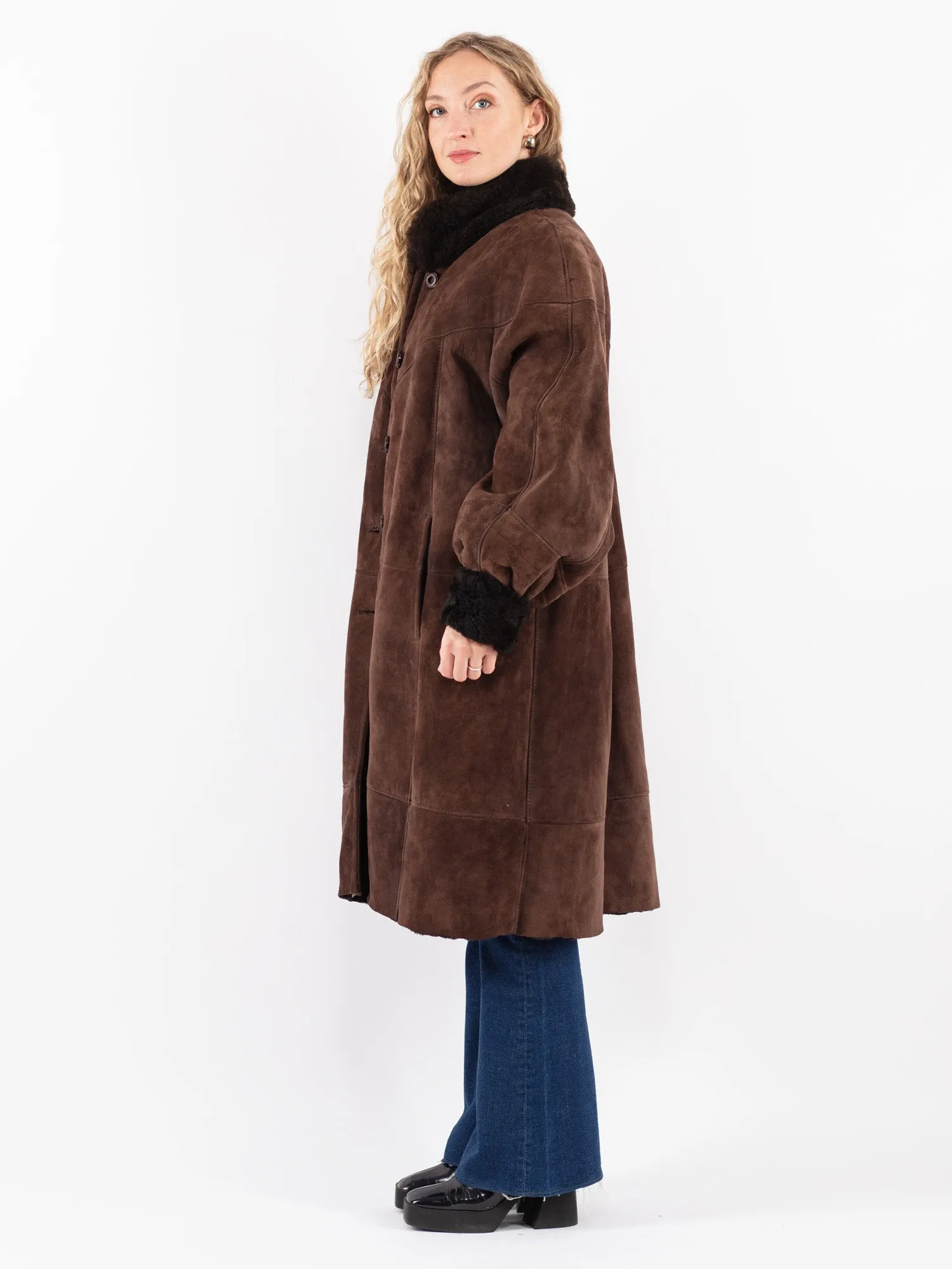 Vintage 80's Women Sheepskin Long Coat in Brown