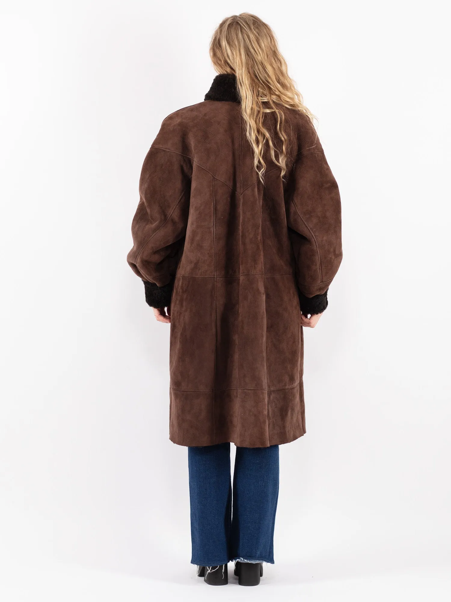 Vintage 80's Women Sheepskin Long Coat in Brown