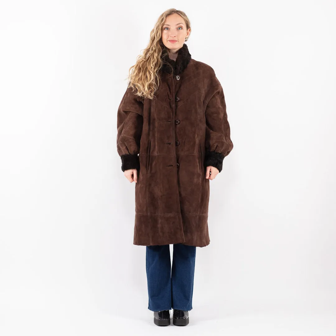 Vintage 80's Women Sheepskin Long Coat in Brown