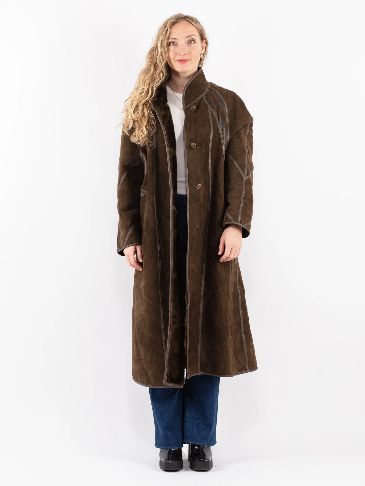 Vintage 80's Women Sheepskin Long Coat in Green