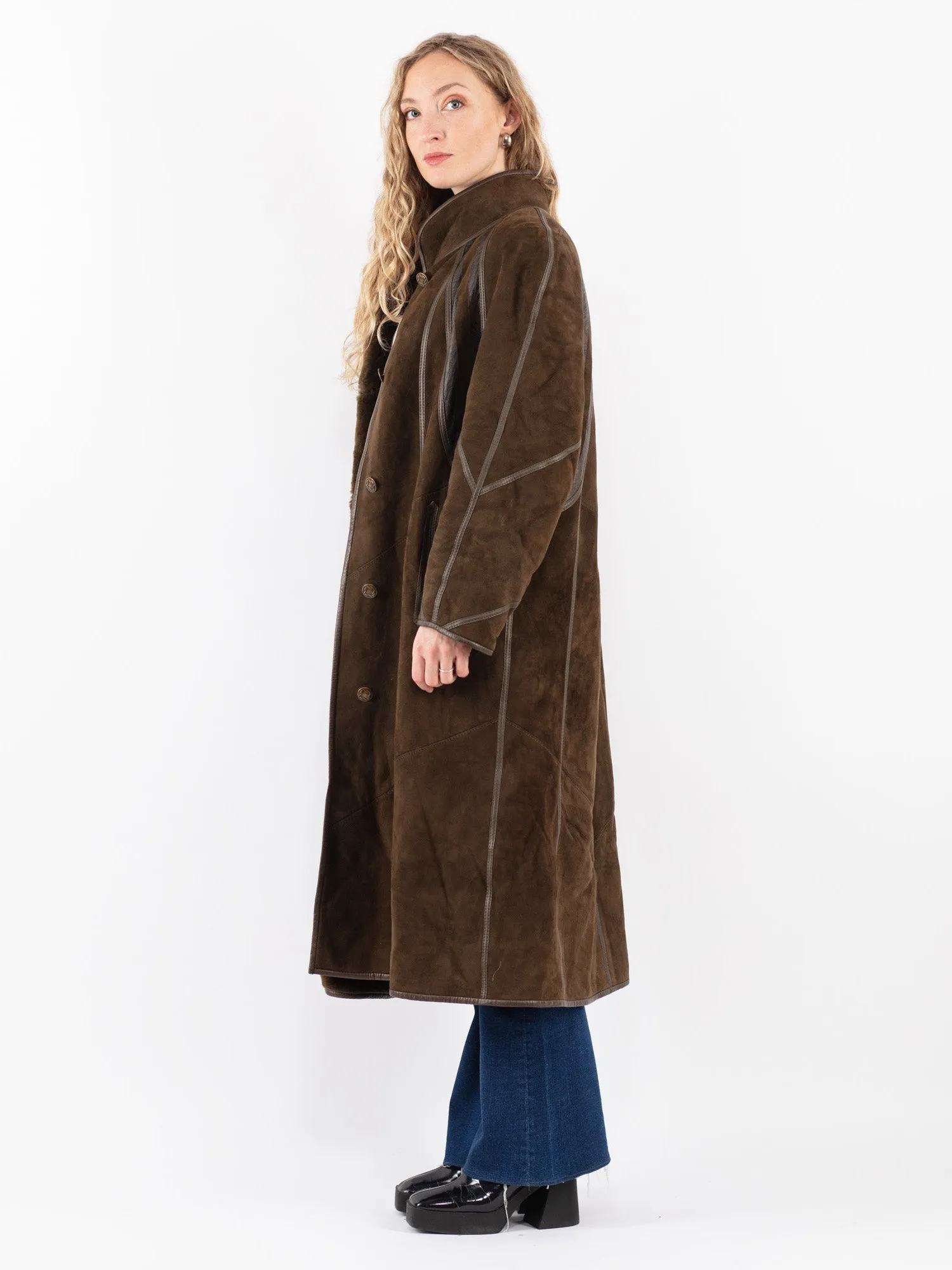 Vintage 80's Women Sheepskin Long Coat in Green