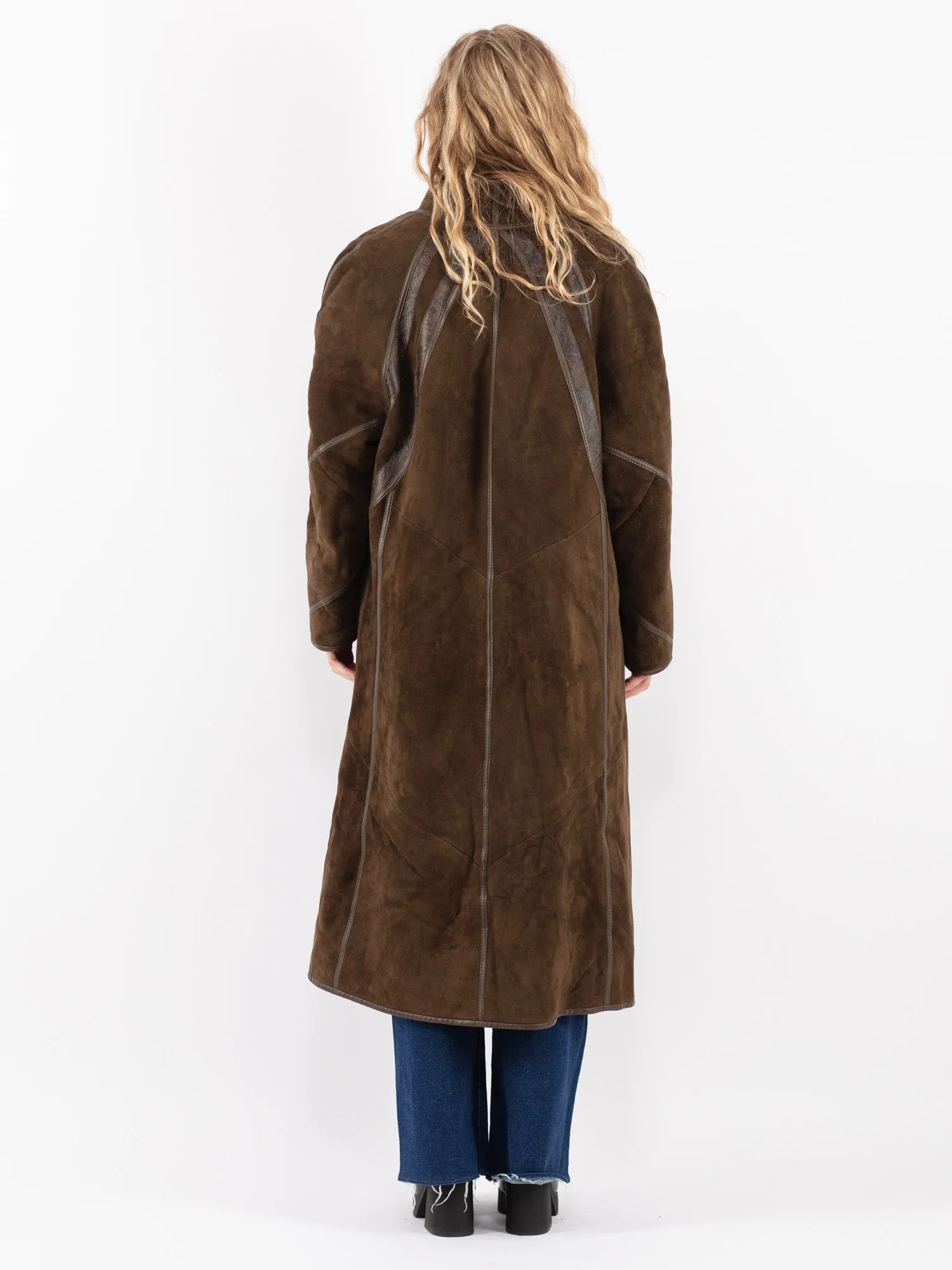 Vintage 80's Women Sheepskin Long Coat in Green