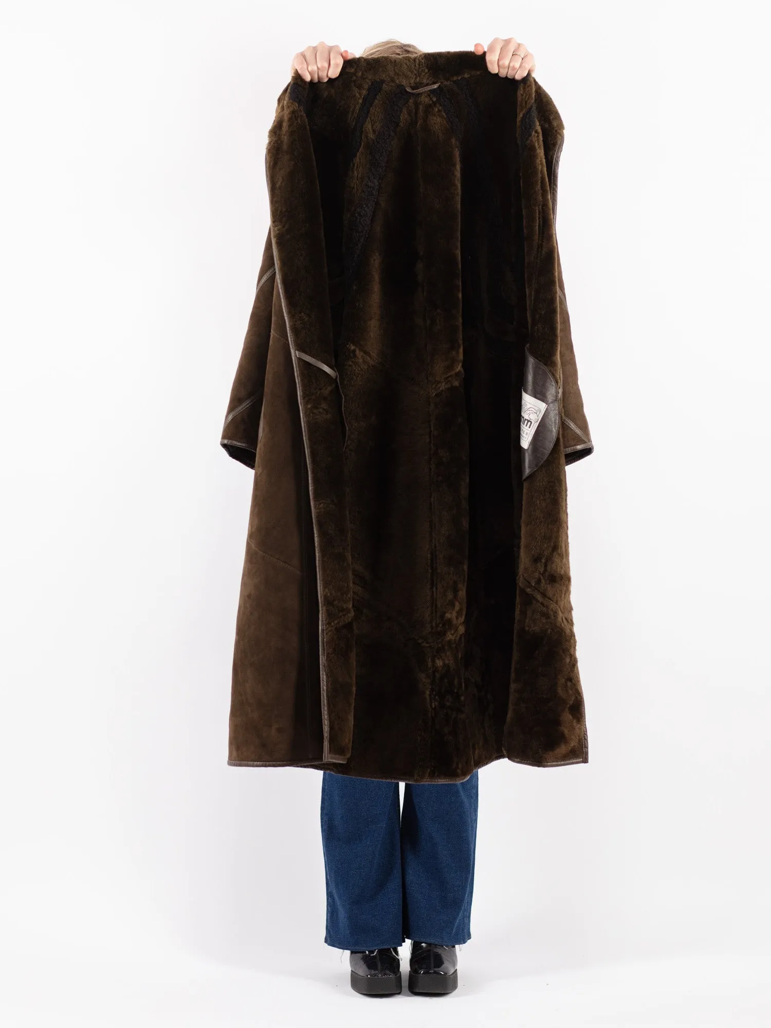 Vintage 80's Women Sheepskin Long Coat in Green