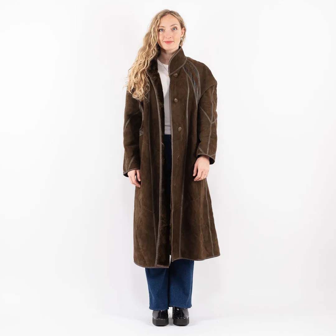 Vintage 80's Women Sheepskin Long Coat in Green