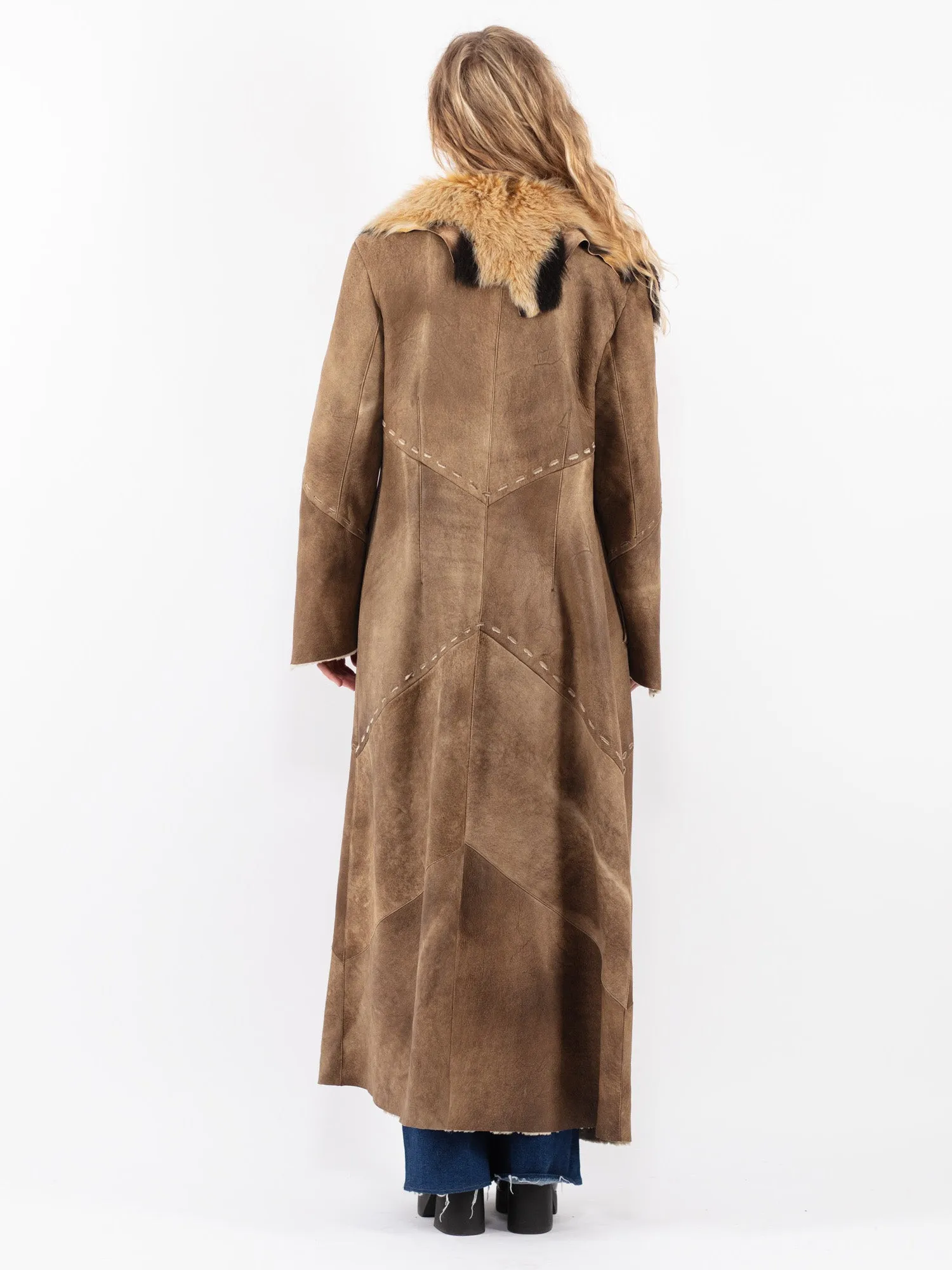 Vintage 80's Women Sheepskin Maxi Coat in Beige