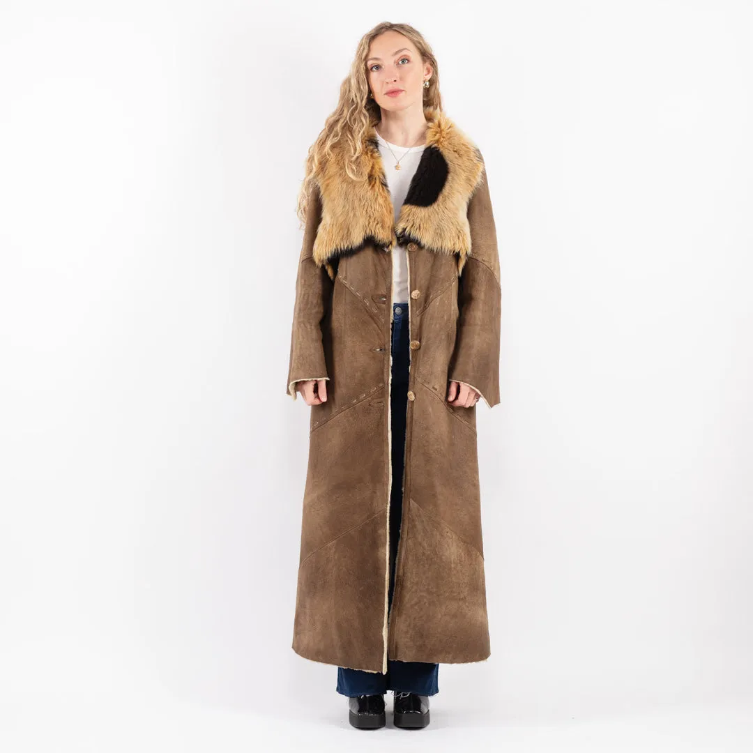 Vintage 80's Women Sheepskin Maxi Coat in Beige