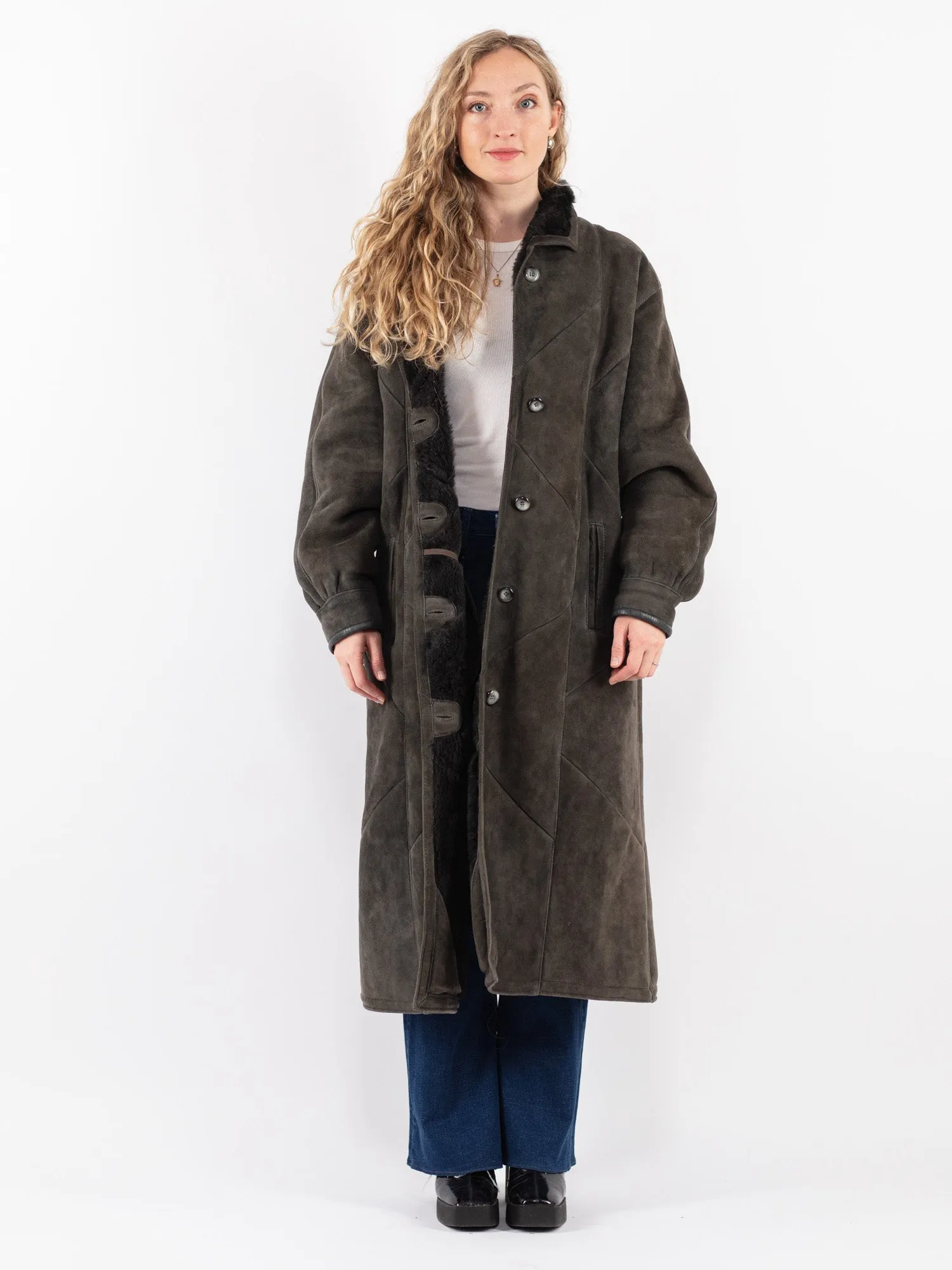 Vintage 80's Women Sheepskin Shearling Long Coat in Gray